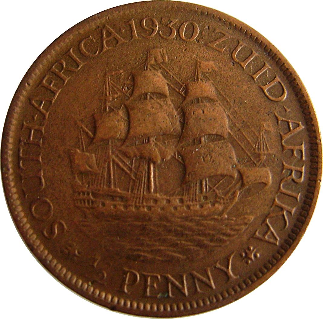 South Africa | 1/2 Penny Coin | King George V | Ship Drommedaris | KM:13.2 | 1928 - 1931