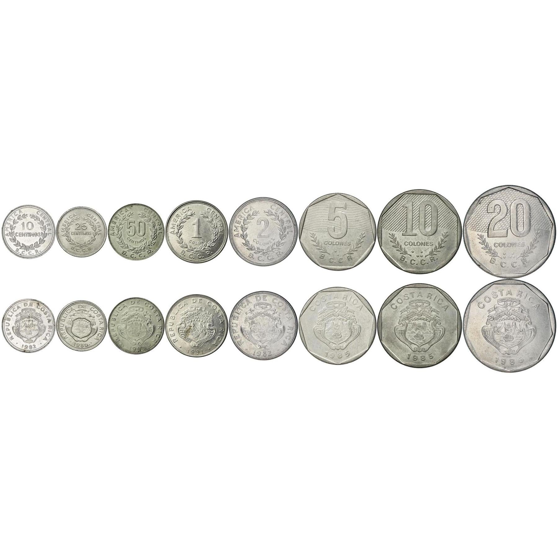 Costa Rican Tico 8 Coin Set 10 25 50 Céntimos 1 2 5 10 20 Colones | Laurel Wreath | Ship | Stars | Volcano | Coffee Branch | Ribbon | 1982 - 1994