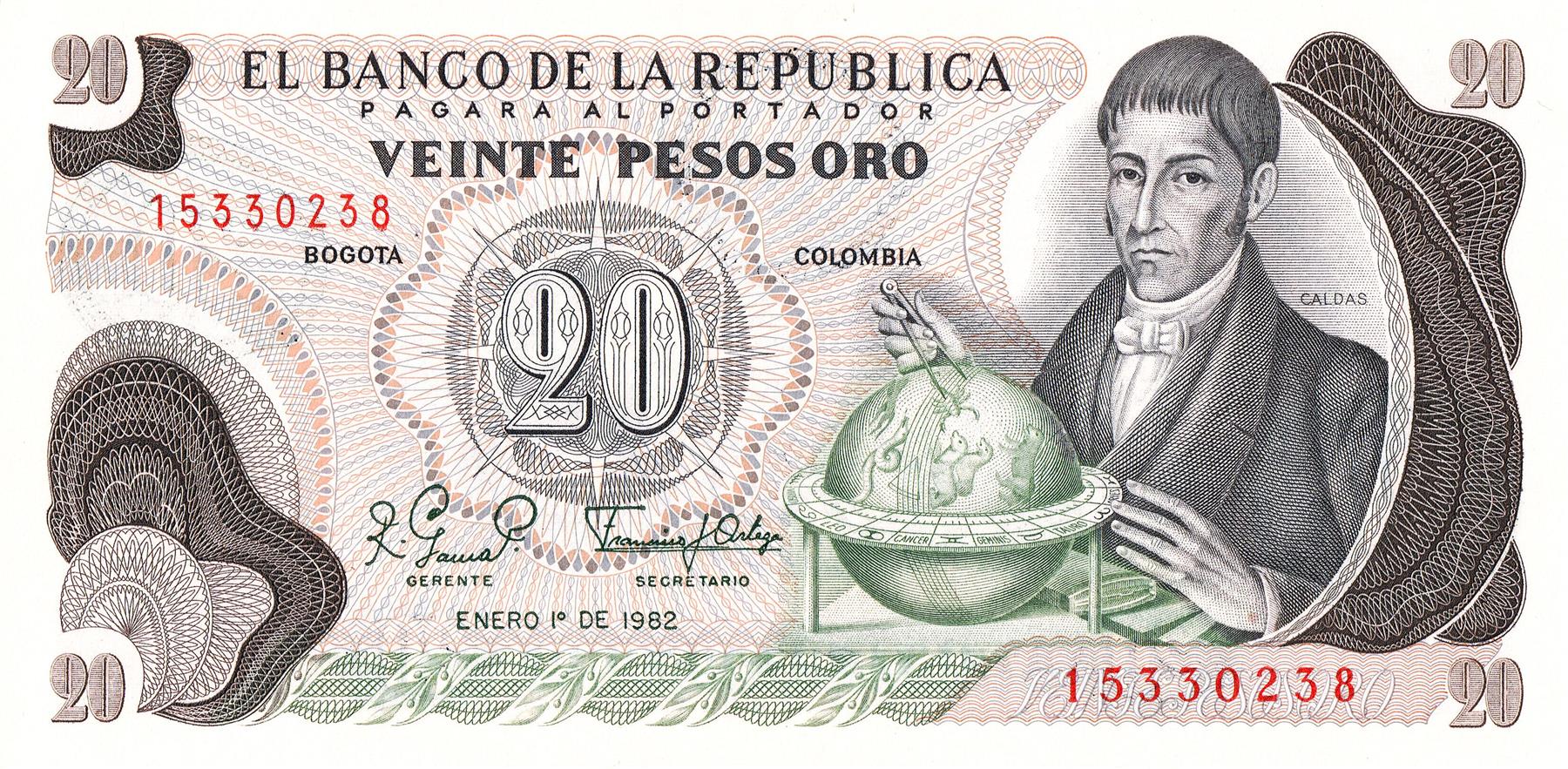Colombia | 20 Pesos Oro Banknote | 1966 - 1983 | Francisco José de Caldas | Globe | Archeological Findings
