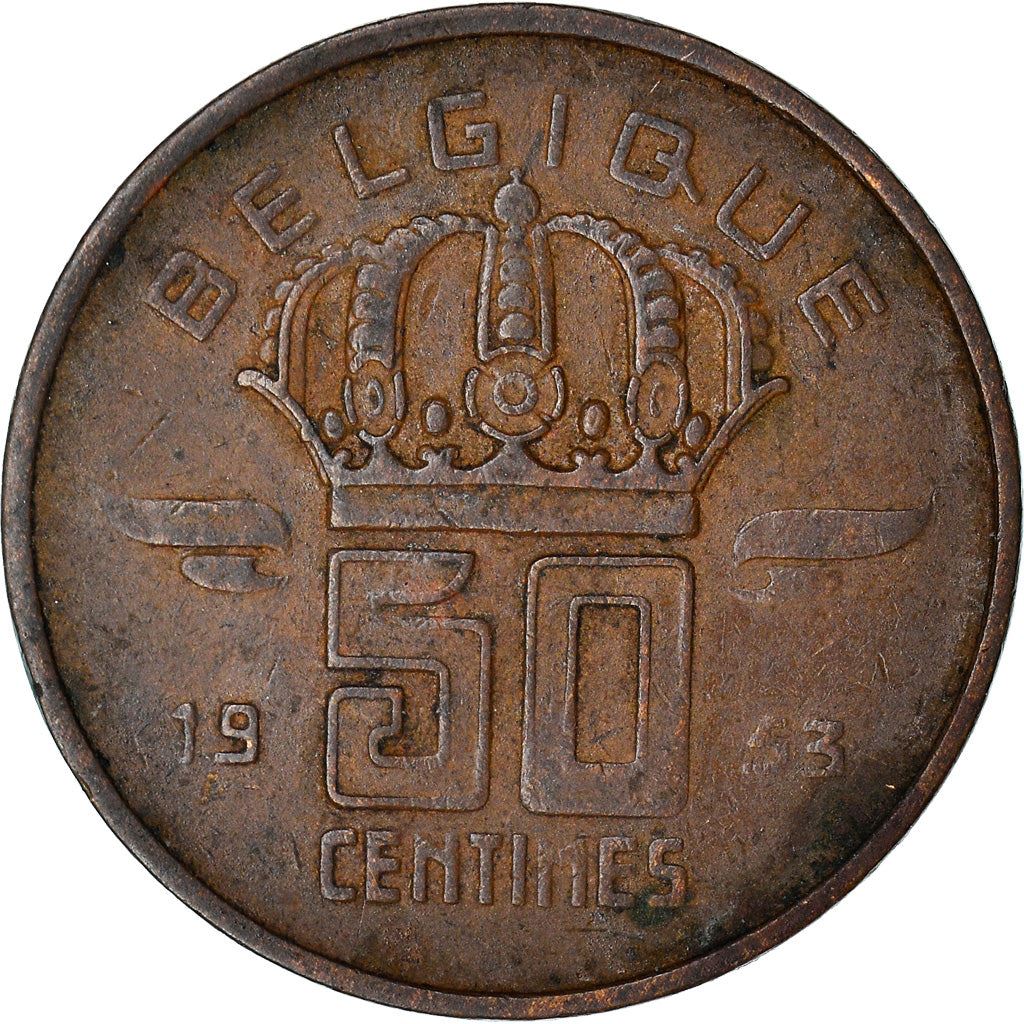 Belgium | 50 Centimes Coin | Miner | Lamp | Crown | Wings | Km:144 | 1952 - 2001