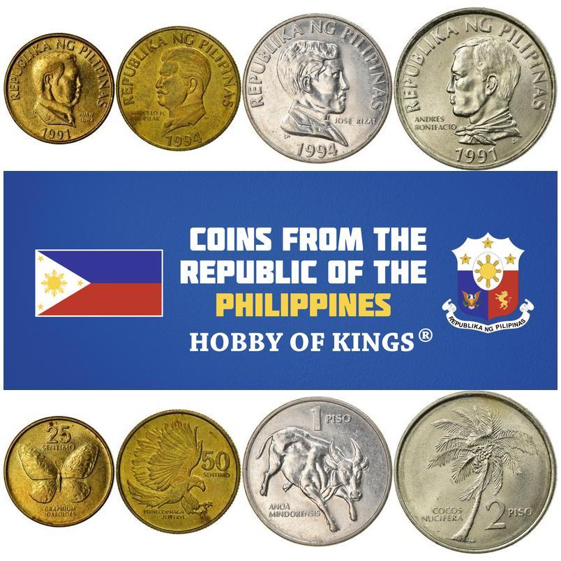 4 Coins Philippines 25 50 Sentimos 1 2 Peso | Lapu-Lapu | Monkey Eating Eagle | Juan Luna | Butterfly | Joze Rizal | 1991 - 1994