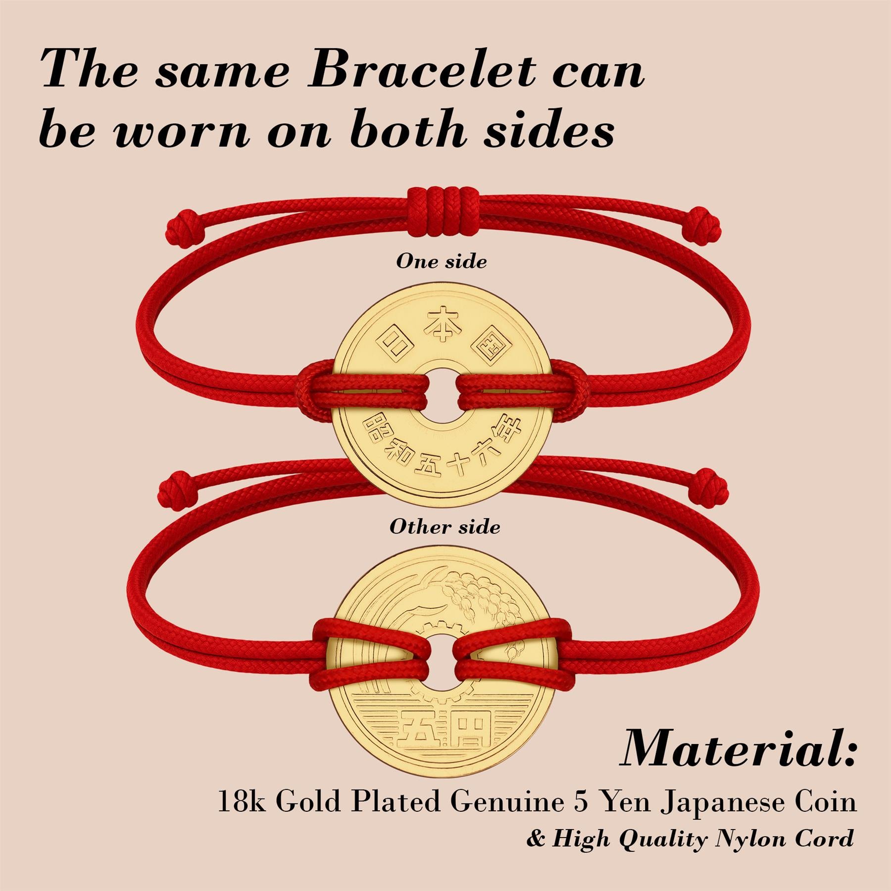 Good Luck Coin Bracelet | Red String Thread Wristband | Japan Coin 5 Yen | 18k Gold Plated Fortune Wealth & Protection