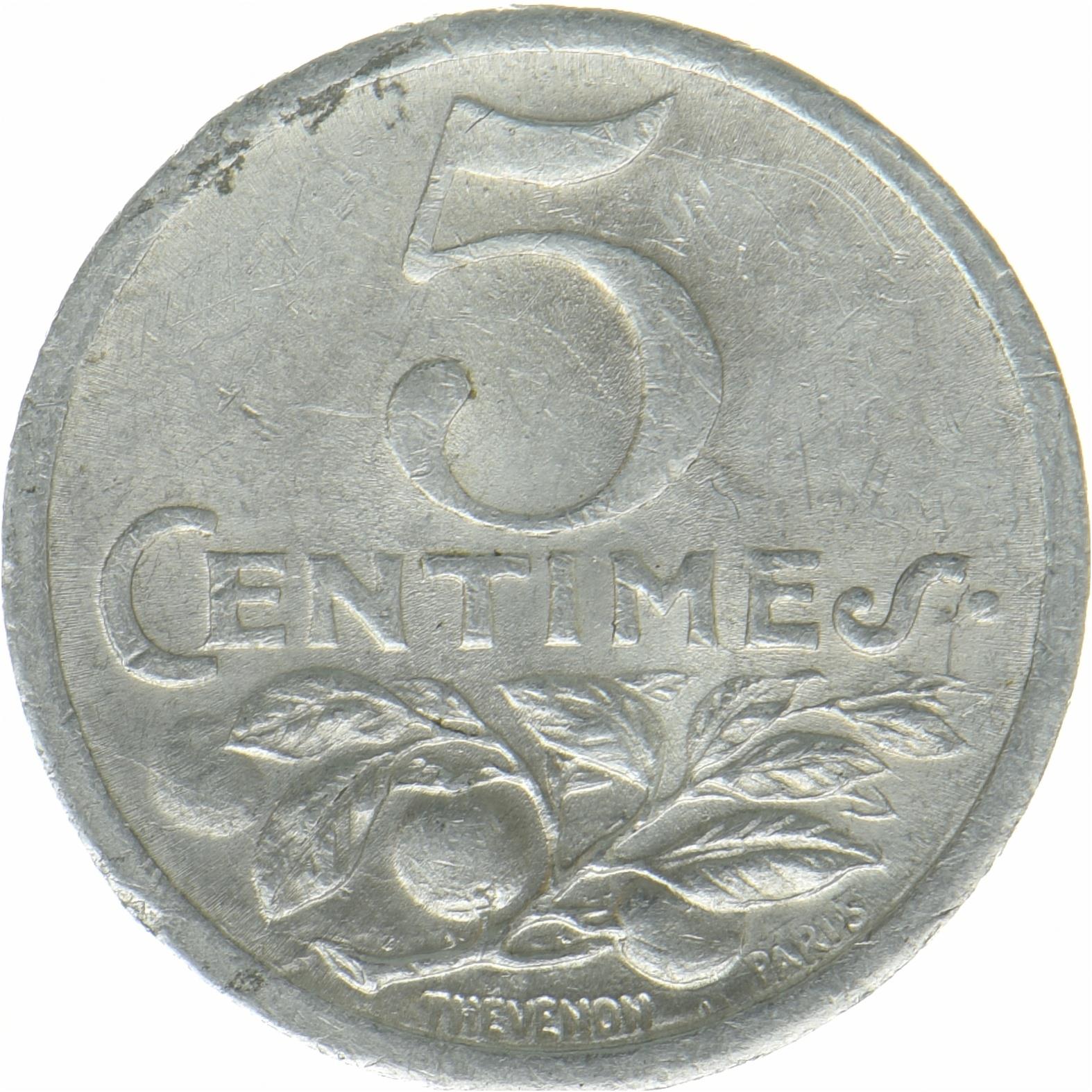 Francia Nizza | Moneta da 5 centesimi | Alluminio | Frutta | Caduceo | Élie mon:10.1, 10.3 | 1920 - 1922