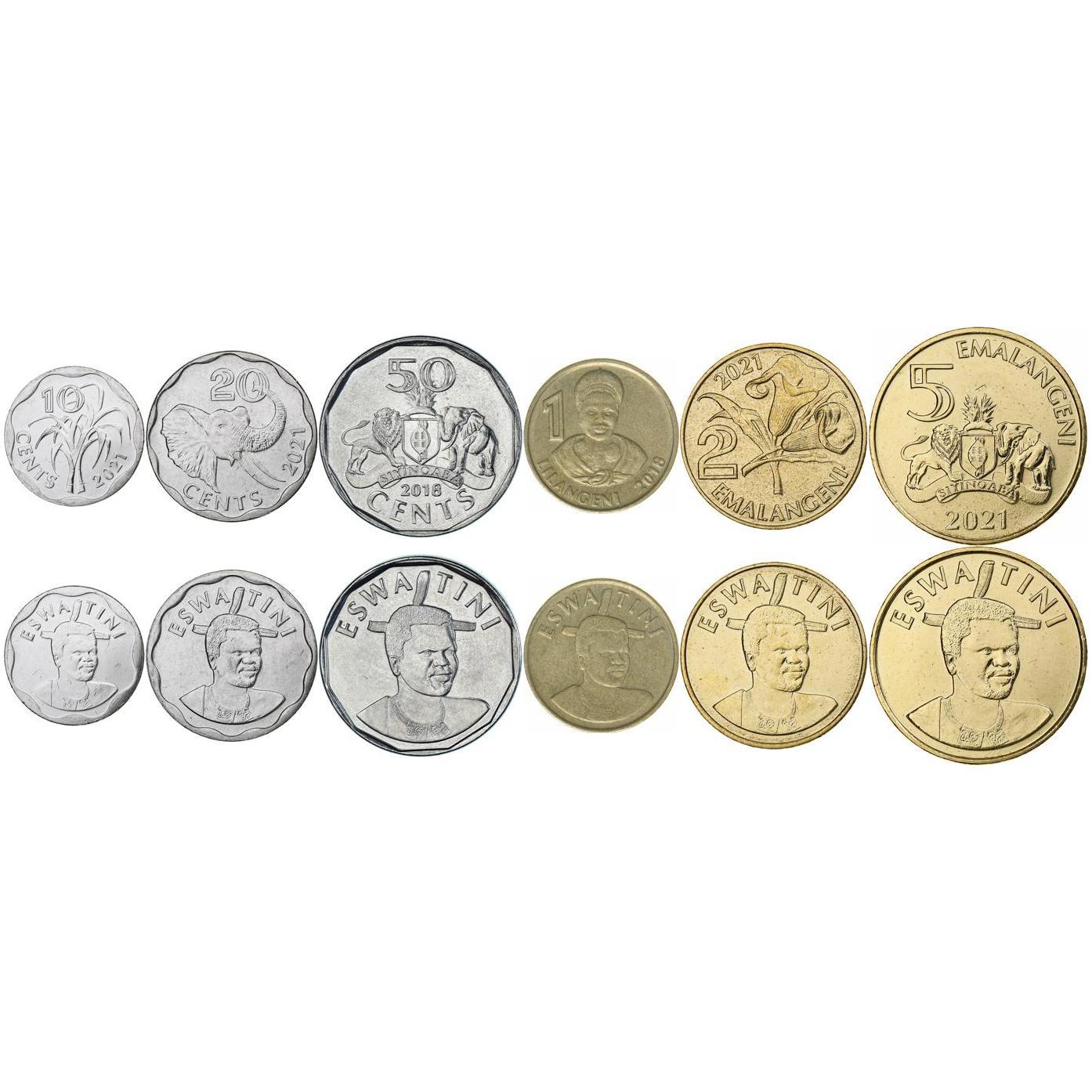Esvatinio Karalystė | 6 monetų rinkinys | 10 20 50 centų 1 lilangenis 2 5 emalangeniai | 2018 - 2021