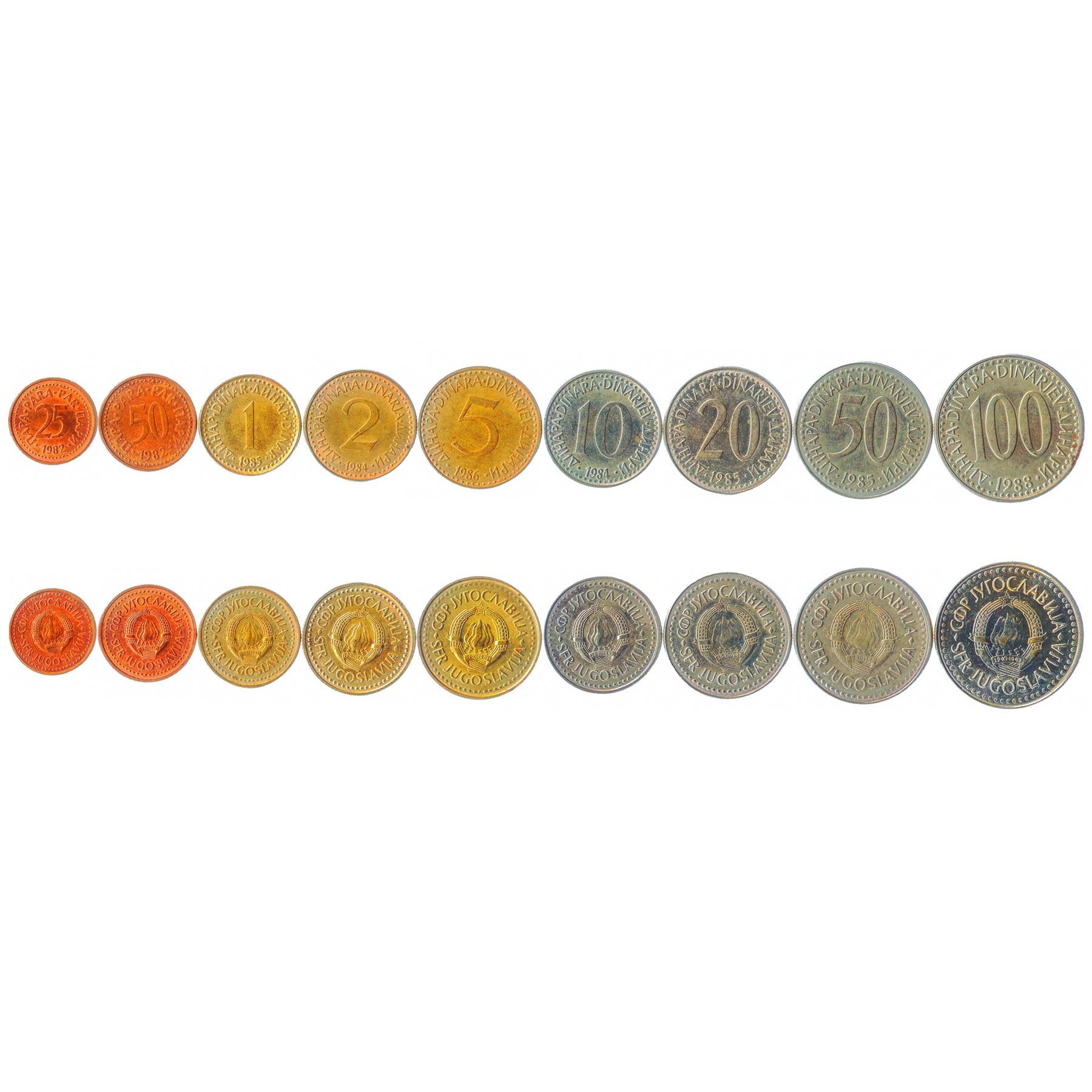 Yugoslav 9 Coin Set 25 50 Para 1 2 5 10 20 50 100 Dinara | Flame | Star | 1982 - 1988
