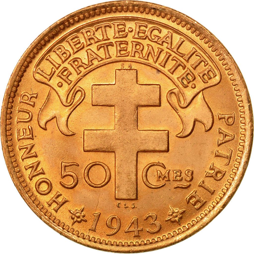 French Cameroon | 50 Centimes Coin | Rooster | Lorraine Cross | Km:6 | 1943