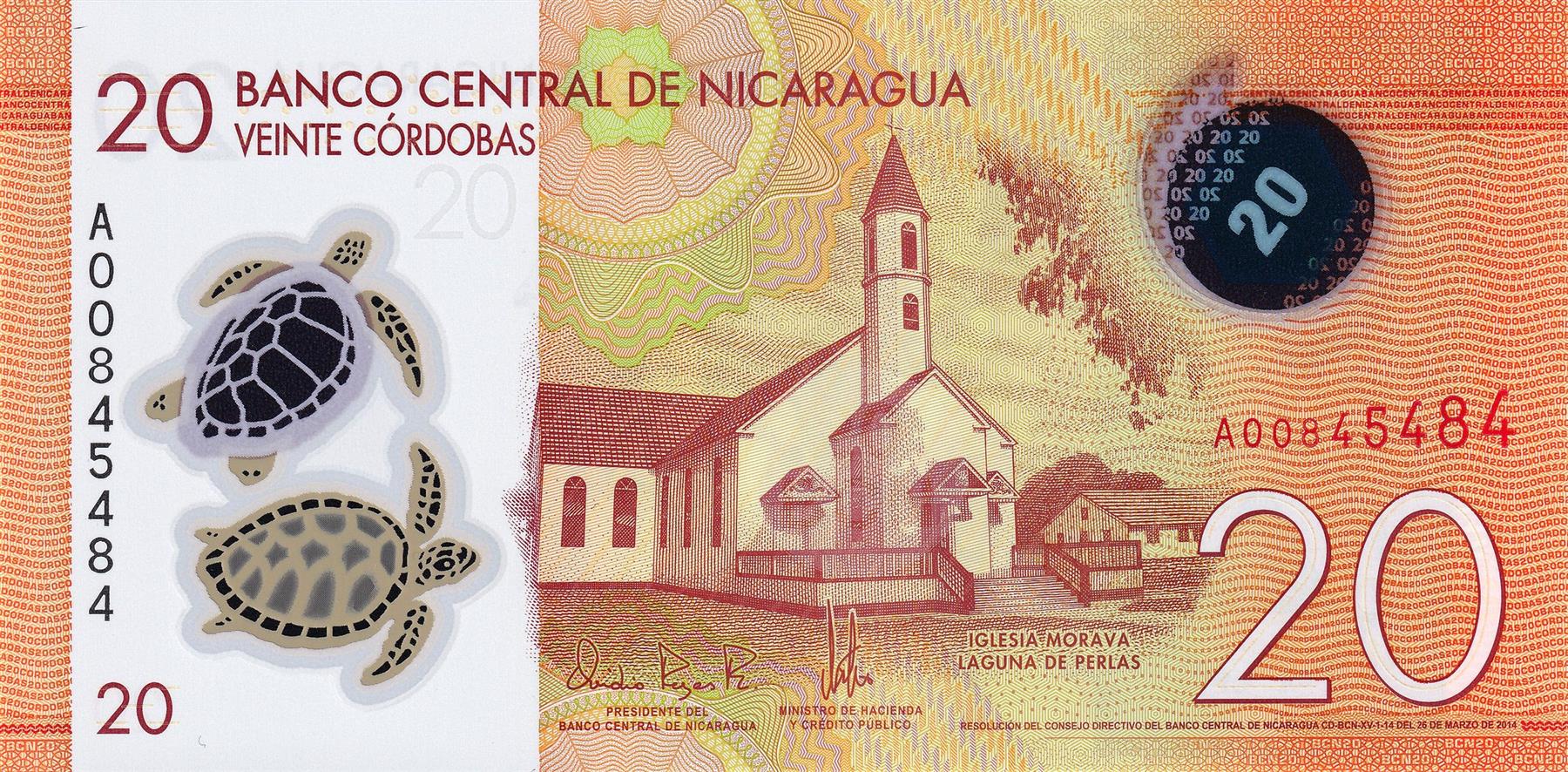 Nicaragua | 20 Cordobas Banknote | 2014 - 2022 | Iglesia Morava en Laguna de Perlas | Festival Maya Ya Dancers | Sea Turtles
