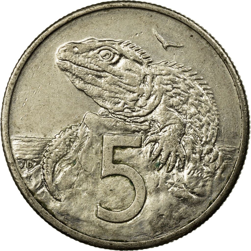 Nyzeeländsk 5 Cents Mynt | Drottning Elizabeth II | Tuataraödla | KM60 | 1986 - 1998