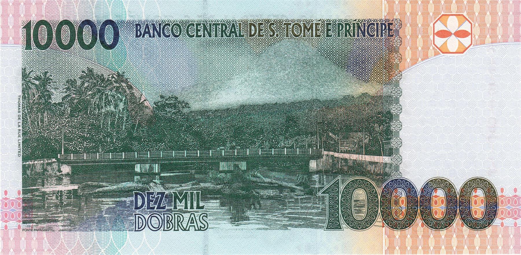 Sao Tome And Principe | 10 000 Dobras Banknote | 1996 - 2013 | Emerald Cuckoo Bird | Rei Amador | Bridge over River