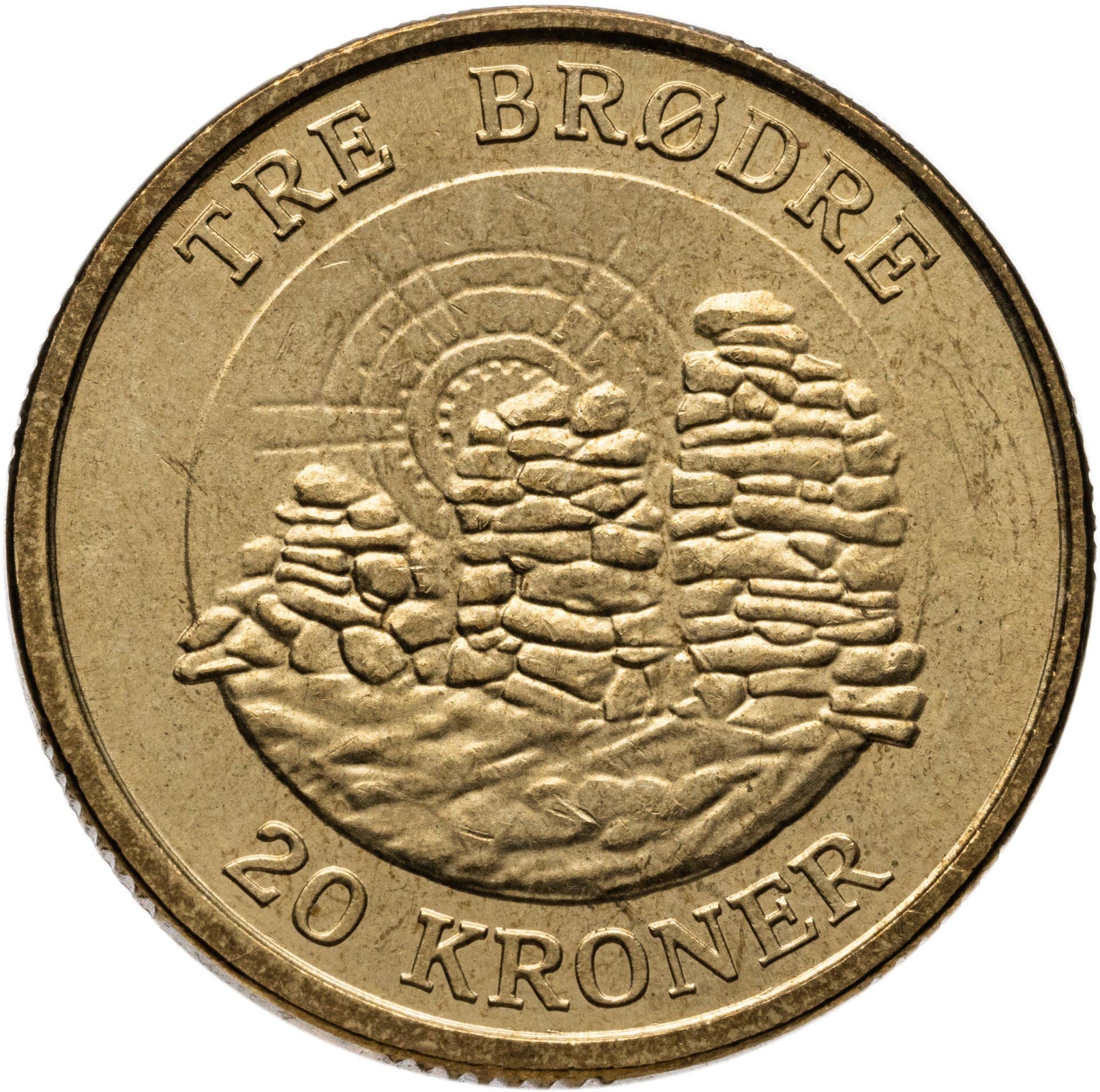 Danijos | 20 kronų moneta | Karalienė Margrethe II | Tre Brødre | Cairns | KM913 | Danija | 2006