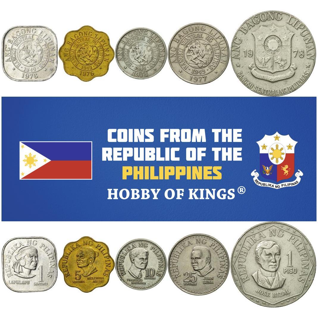 Set 5 Coins Philippines 1 5 10 25 Sentimos 1 Peso 1975 - 1978