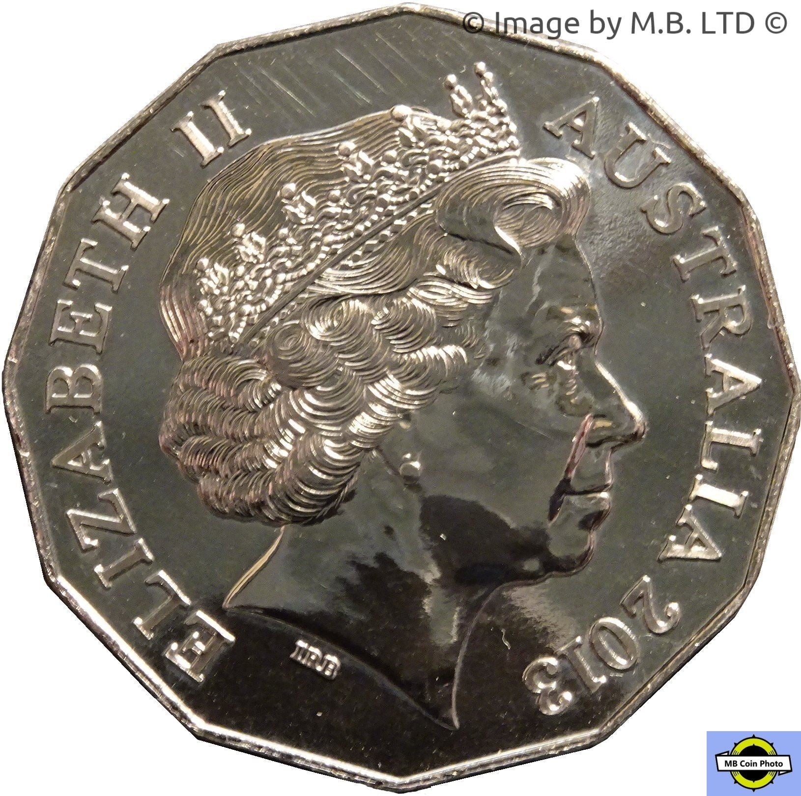 Australia | 50 Cents Coin | Elizabeth II | Anniversary of Surfing Australia | Surfer | Wave | Birds | KM1818 | 2013