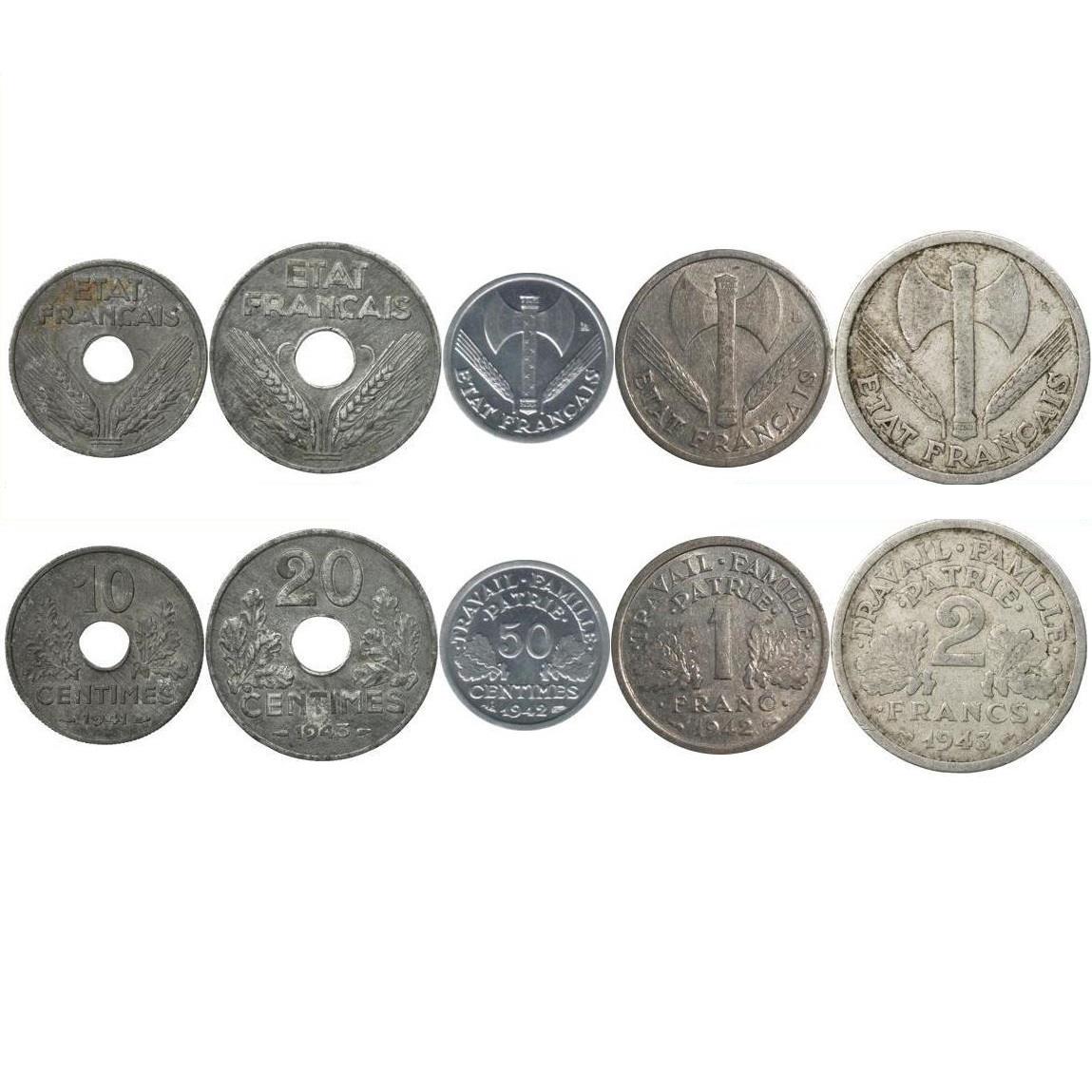 Prancūzija | 5 monetų rinkinys | 10 20 50 centimų 1 2 frankai | ąžuolo lapai | grūdų šakelės | kirvis | 1941 - 1944