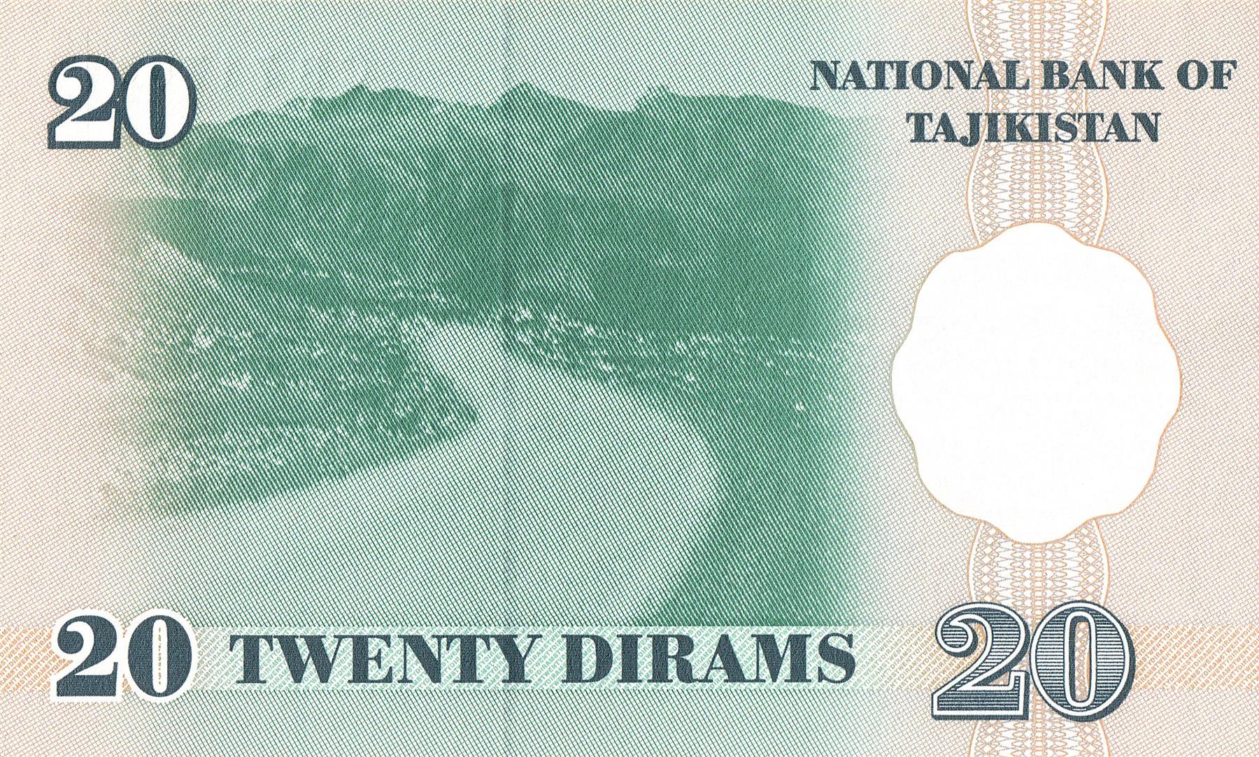Tajikistan | 20 Diram Banknote | 1999 | Meetings Hall | Bank of Tajikistan | Mountain Road