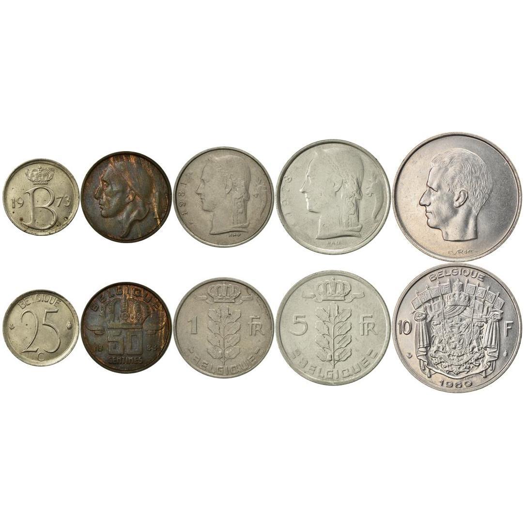 Belgium | 5 Coin Set | 25 50 Centimes 1 Franc 5 10 Francs | 1956 - 1988