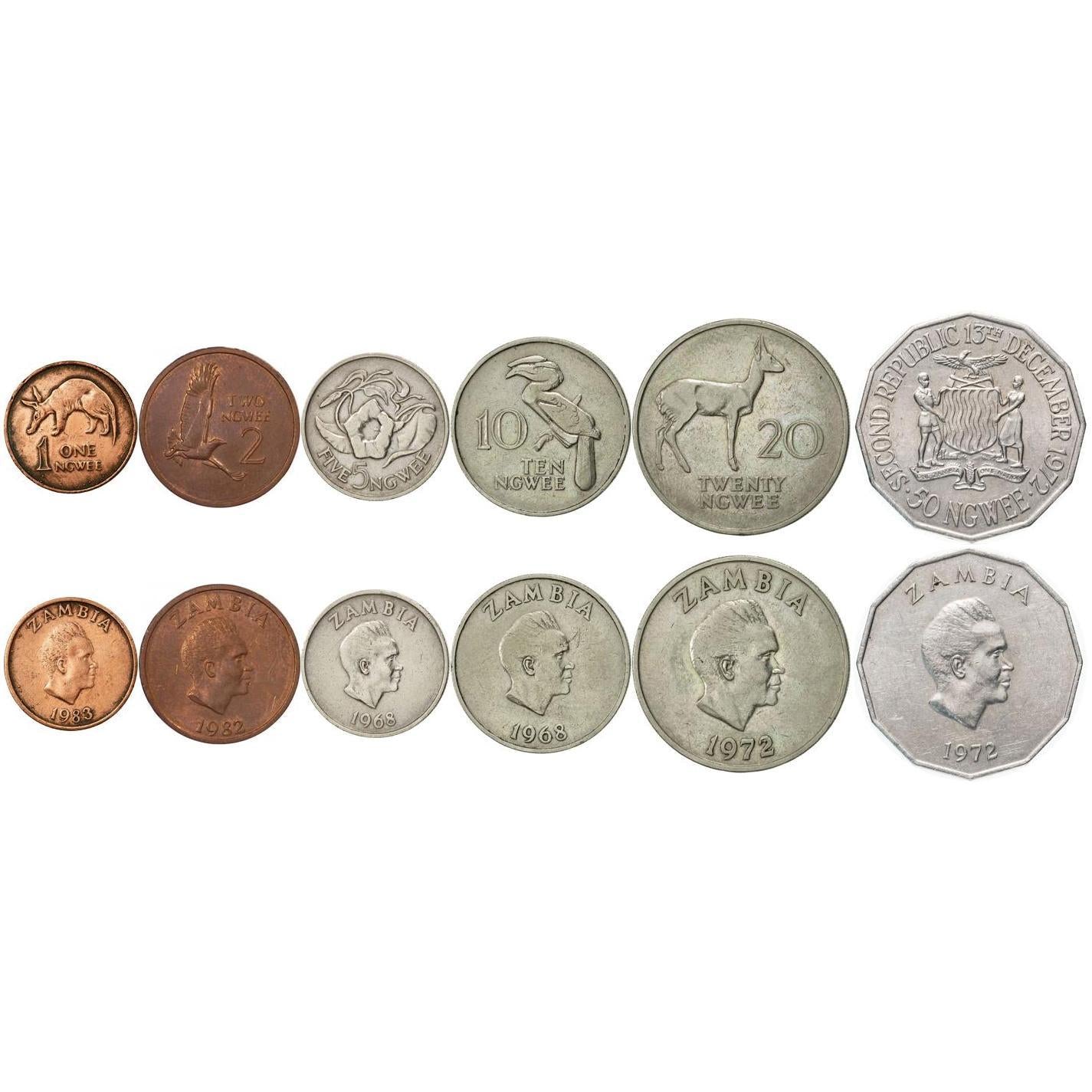 Zambia | 6 Coin Set | 1 2 5 10 20 50 Ngwee | 1968 - 1988