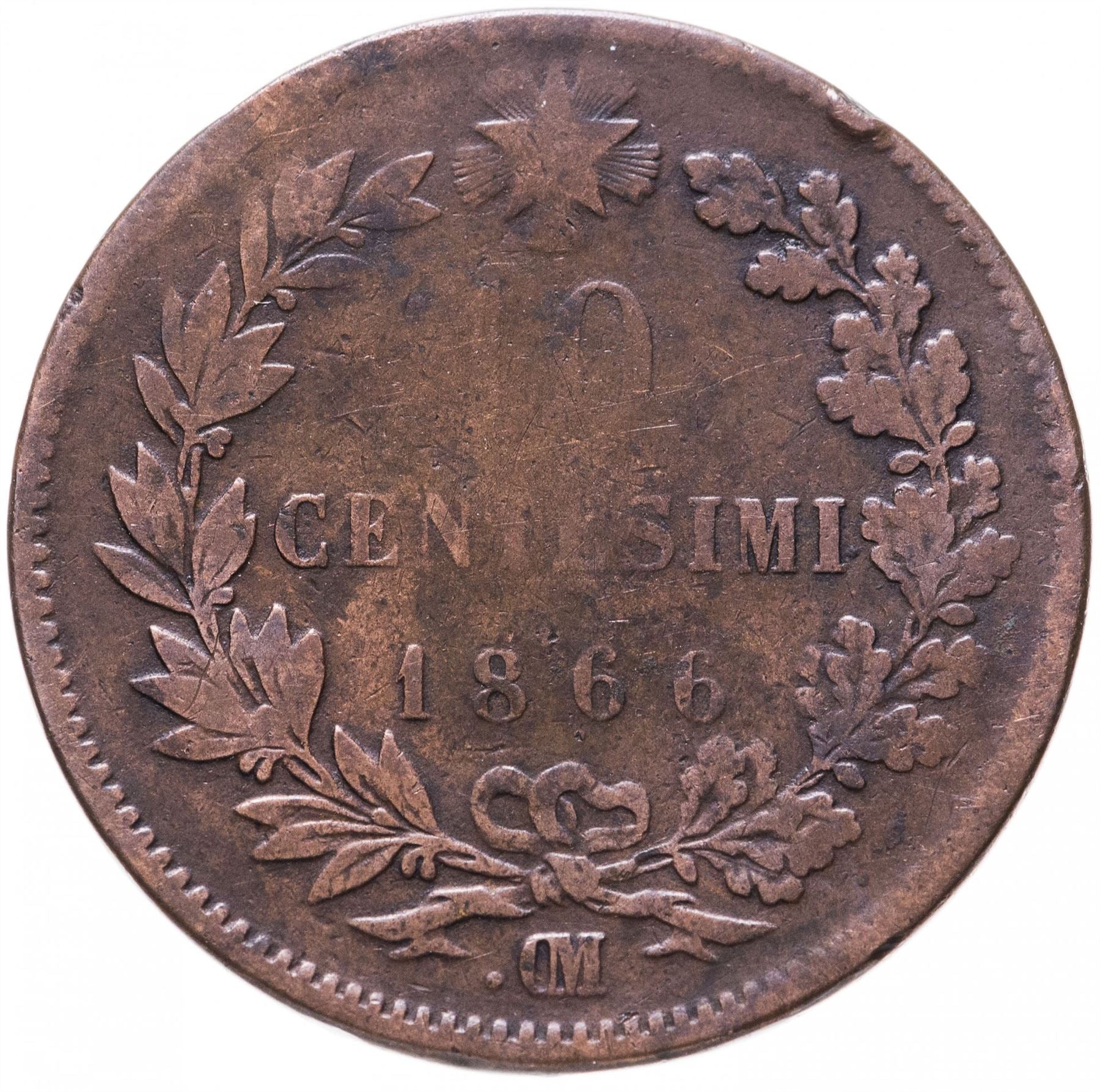 Italy 10 Centesimi Coin | Vittorio Emanuele II | Branch | Oak Laurel | Star | KM11 | 1862 - 1867