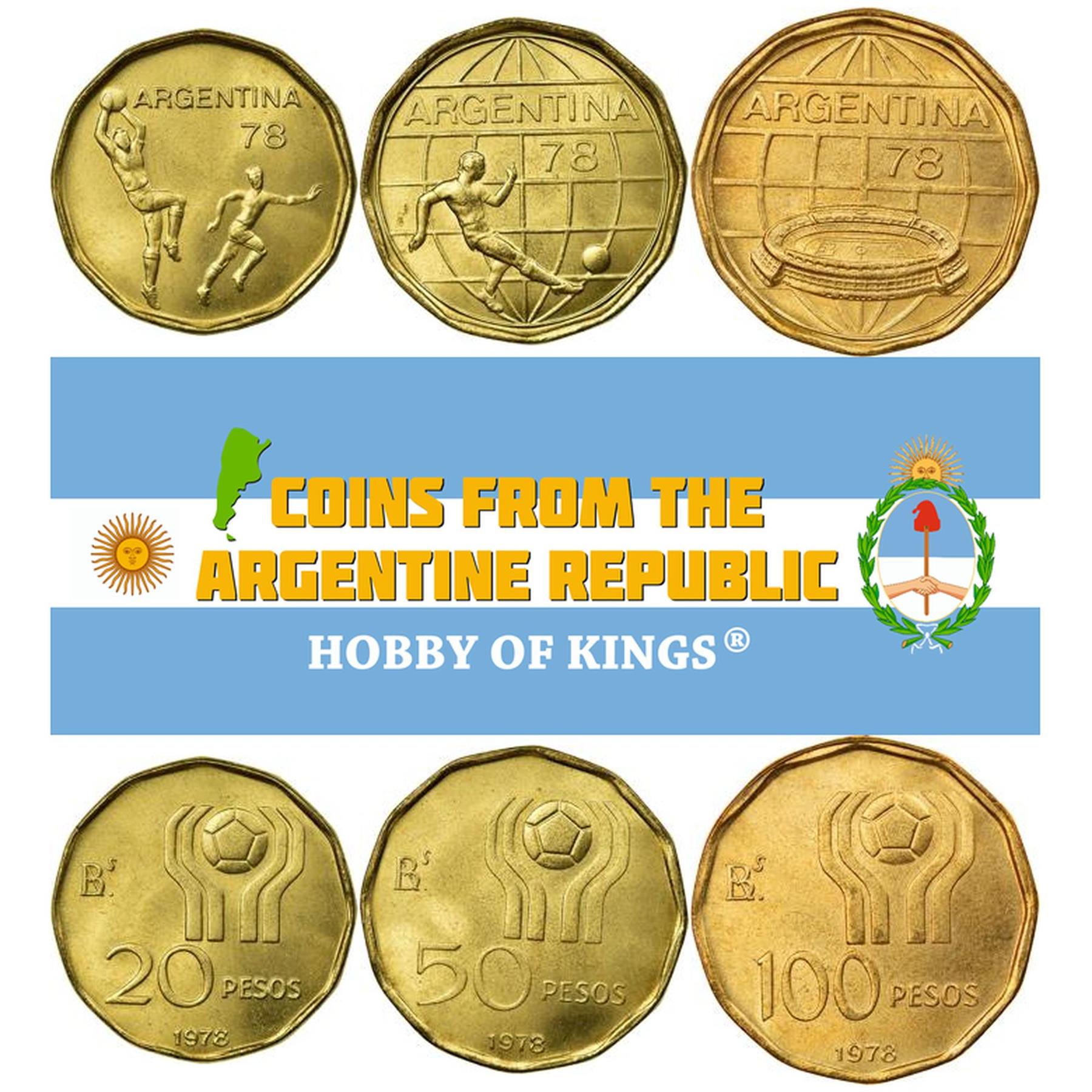 Argentine 3 Coin Set 20 50 100 Pesos | Globe Stadium | Soccer Players | 1978 FIFA World Cup | Soccer Ball | 1977 - 1978