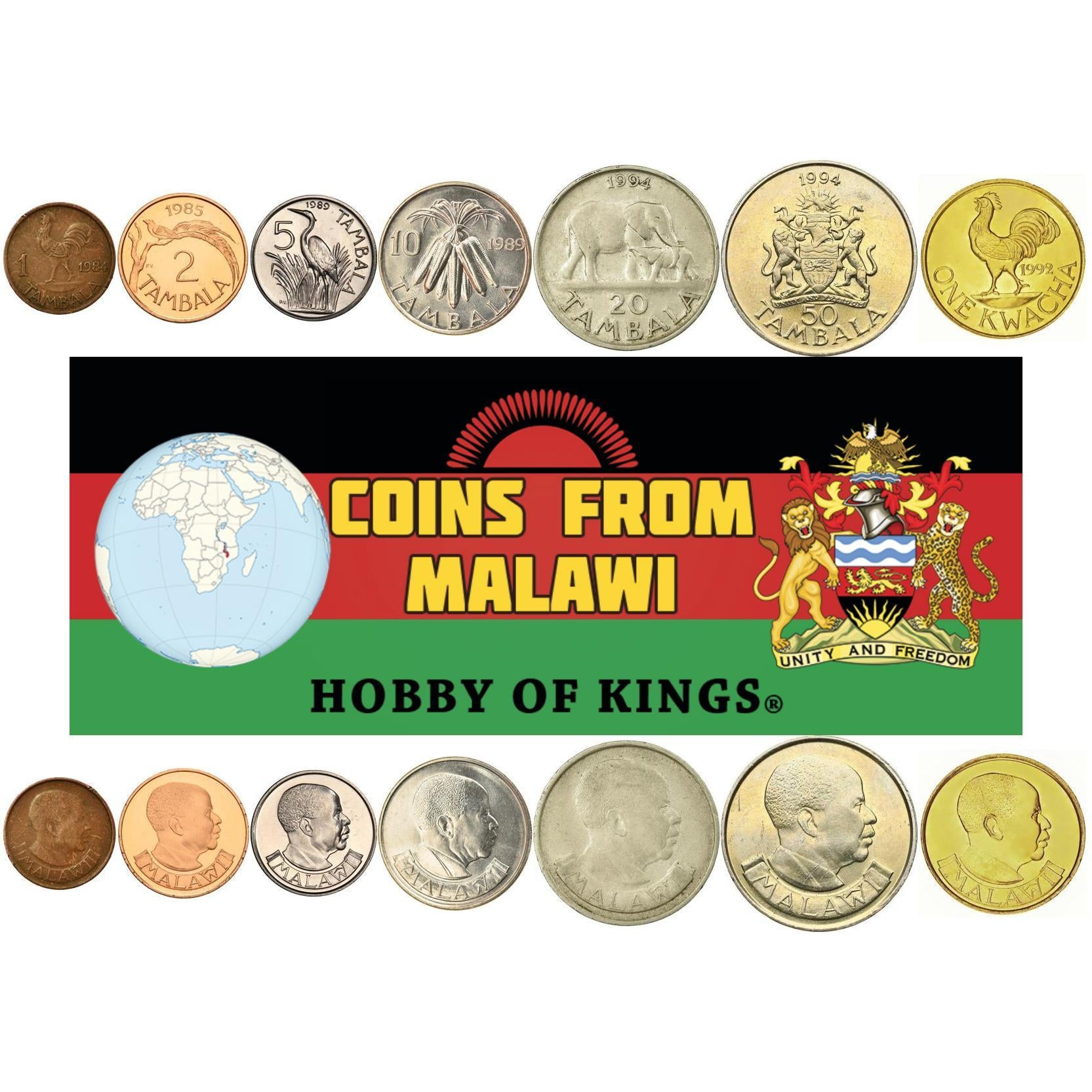 Malawi | 7 Coin Set | 1 2 5 10 20 50 Tambala 1 Kwacha | 1984 - 1994