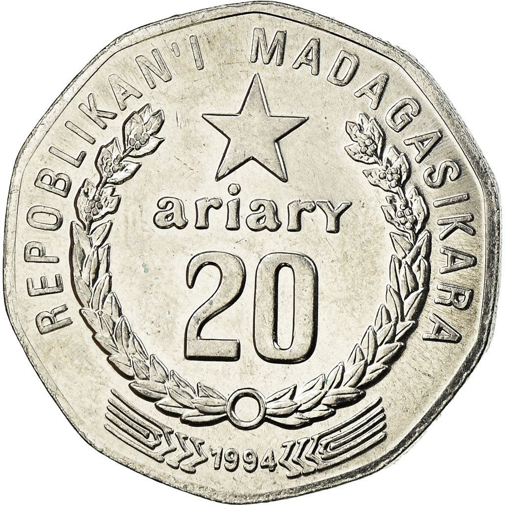 Madagascar | 20 Ariary Coin | Star | Tractor | Farmer | Km:24.1 | 1994