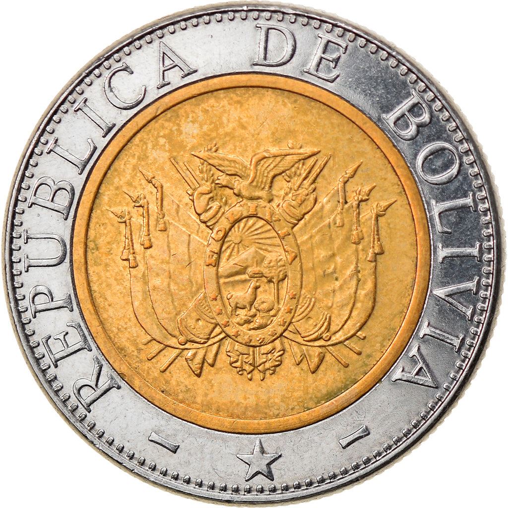 Bolivia | 5 Bolivianos Coin | Bimetallic | Coat of Arms | KM:212 | 2001-2004