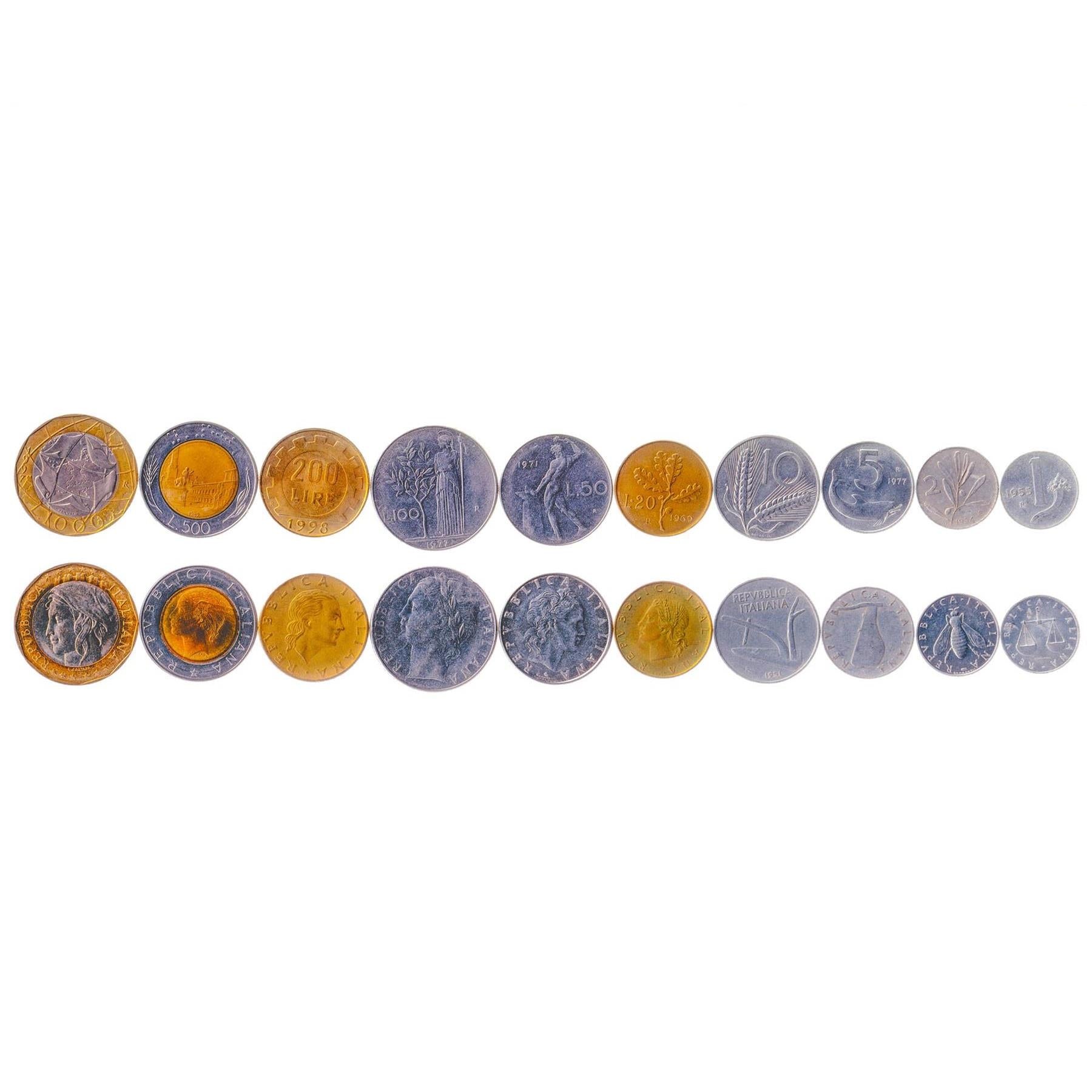 Italy | 10 Coin Set | 1 2 5 10 20 50 100 200 500 1000 Lira | 1951 - 2001