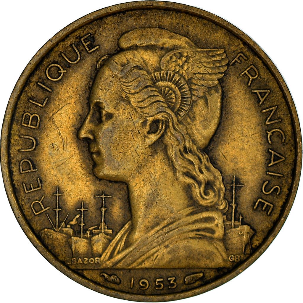 Madagascar | 20 Francs Coin | Marianne | Cargo Ships | Map | Horns | Km:7 | 1953