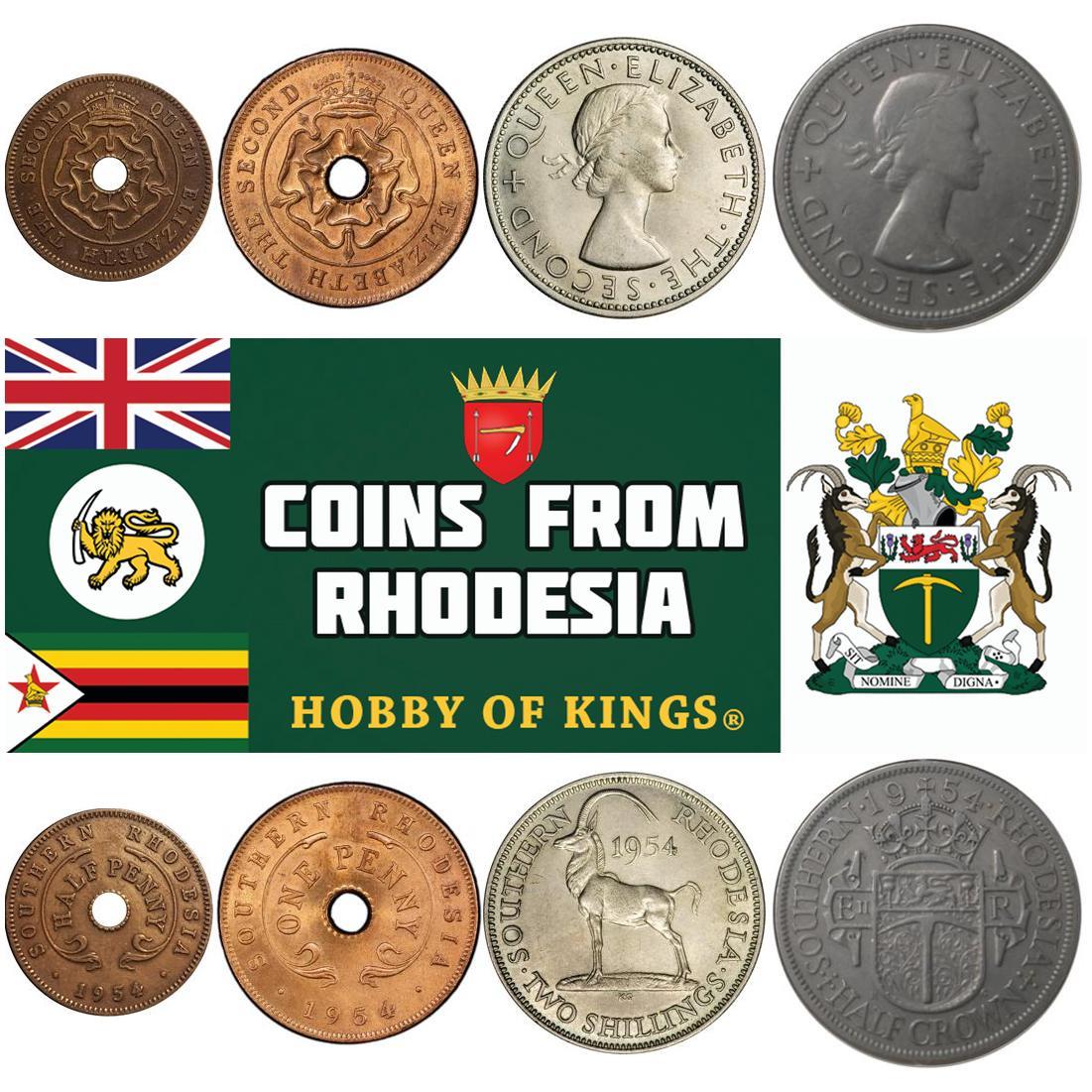 Southern Rhodesia | 4 Coin Set | 1/2 1 Penny 2 Shillings 1/2 Crown | 1954
