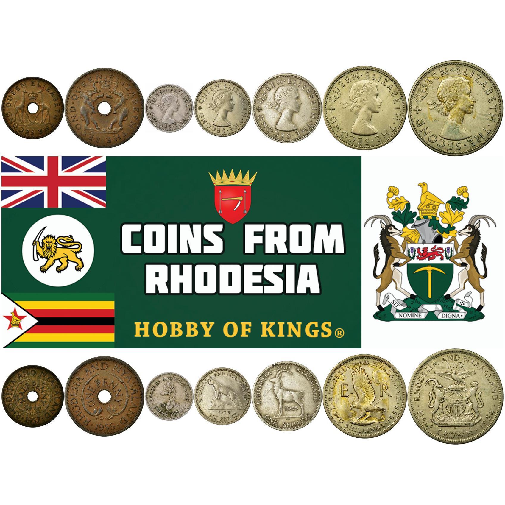 Rhodesia and Nyasaland | 7 Coin Set | 1/2 1 Penny 3 6 Pence 1 Shilling 2 Shillings 1/2 Crown | 1955 - 1964