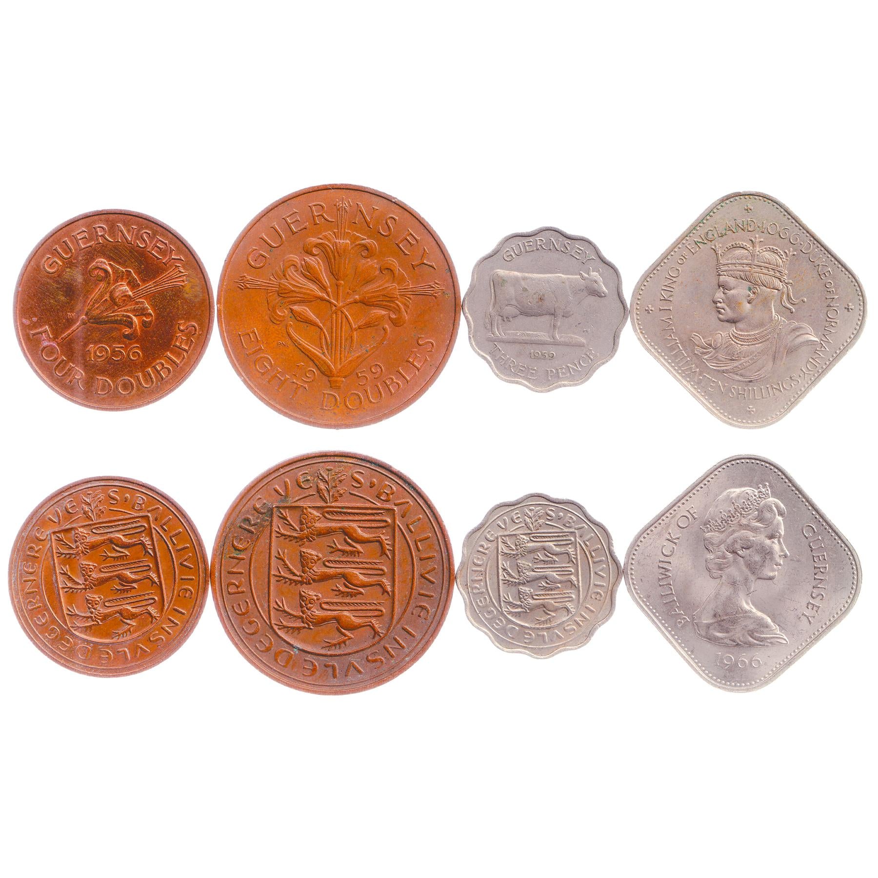 Giernésiais 4 Coin Set 4 8 Doubles 3 Pence 10 Shillings | Elizabeth II | William I | Cattle | Guernsey Lily | Guernsey | 1956 - 1966
