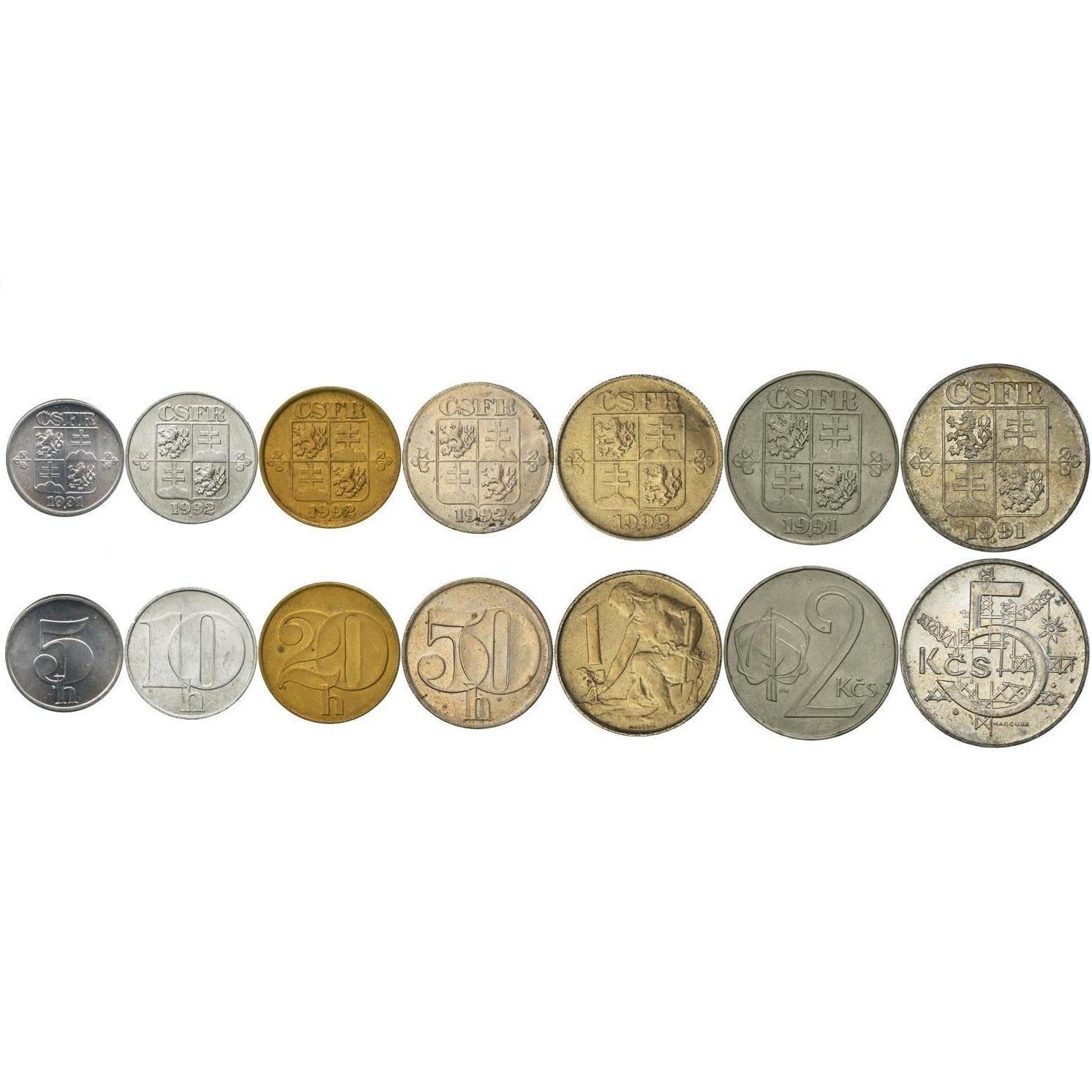 Czechoslovakia | 7 Coin Set | 5 10 20 50 Haleru 1 2 5 Korun | CSFR state shield | 1991 - 1992