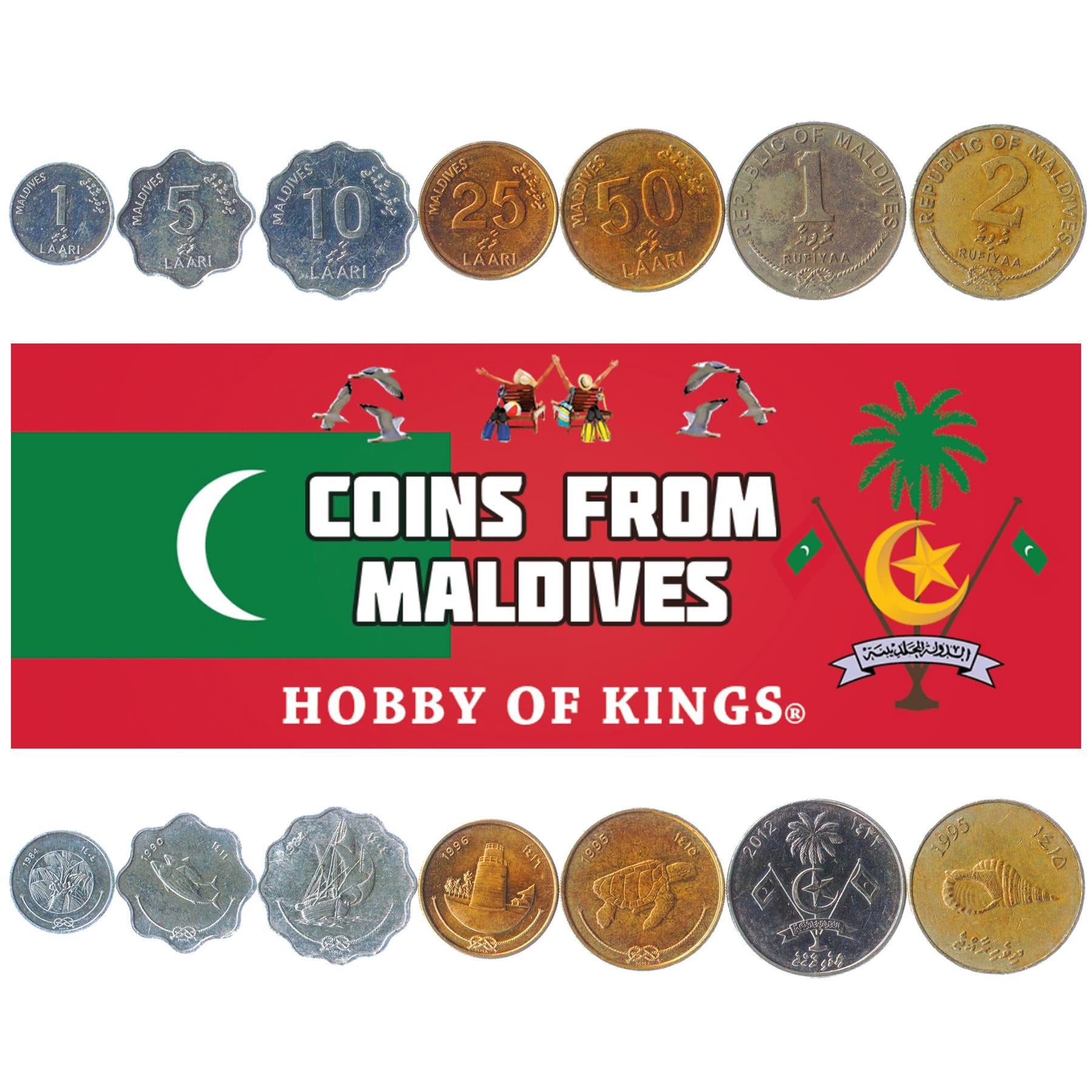 Conjunto 7 Moedas Maldivas 1 5 10 25 50 Laari 1 2 Rufiyaa 1982 - 2017