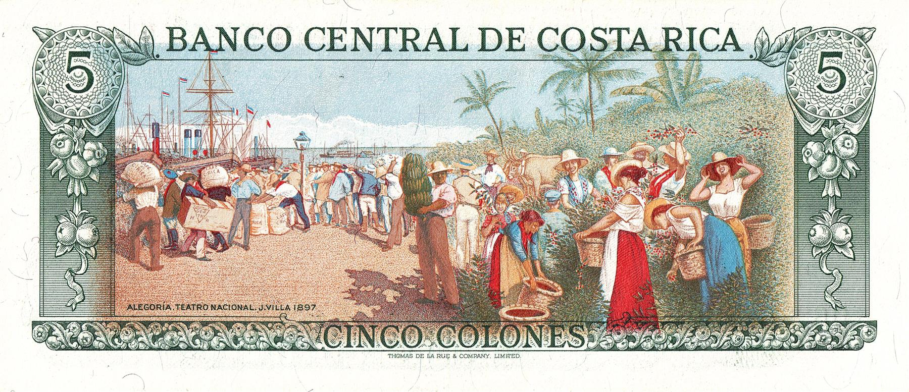 Costa Rica | 5 Colones Banknote | 1968 - 1992 | Rafael Iglesias Castro | Easter Orchid | The Allegory of the Coffee and Bananas