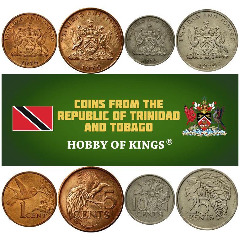 Trinidad en Tobago | Set van 4 Munten | 1 Cent 5 10 25 Cents | Kolibrie | Paarse Pijlwortel | Grote Paradijsvogel | Vlam Hibiscus | Chaconia | Wilde Poinsettia | 1974 - 1976