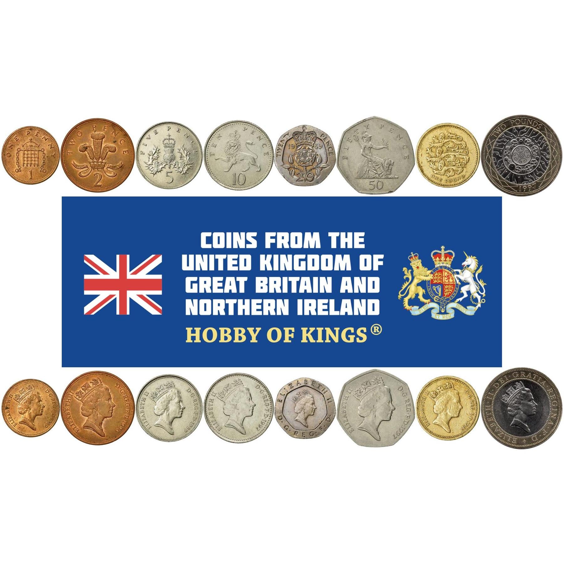 United Kingdom | 8 Coin Set | 1 Penny 2 5 10 20 50 Pence 1 Pound 2 Pounds | 1985 - 1997