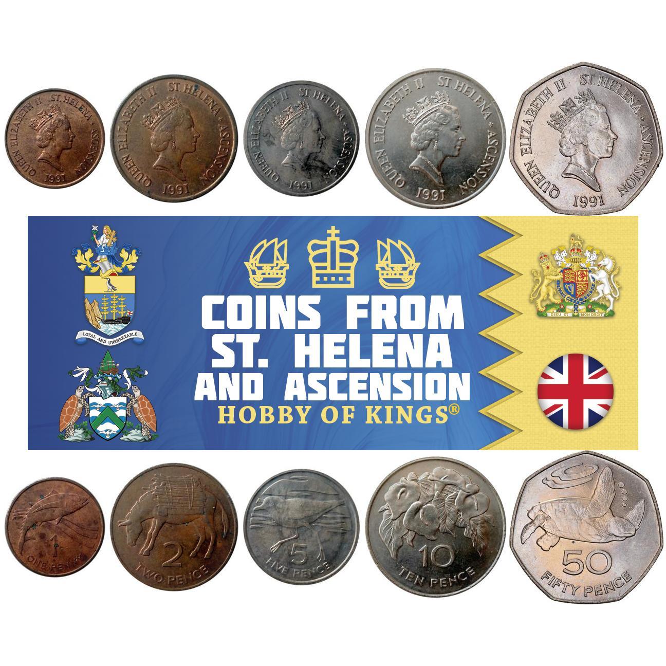 Sant'Elena e Ascensione | Set da 5 monete | 1 Penny 2 5 10 50 Pence | 1991