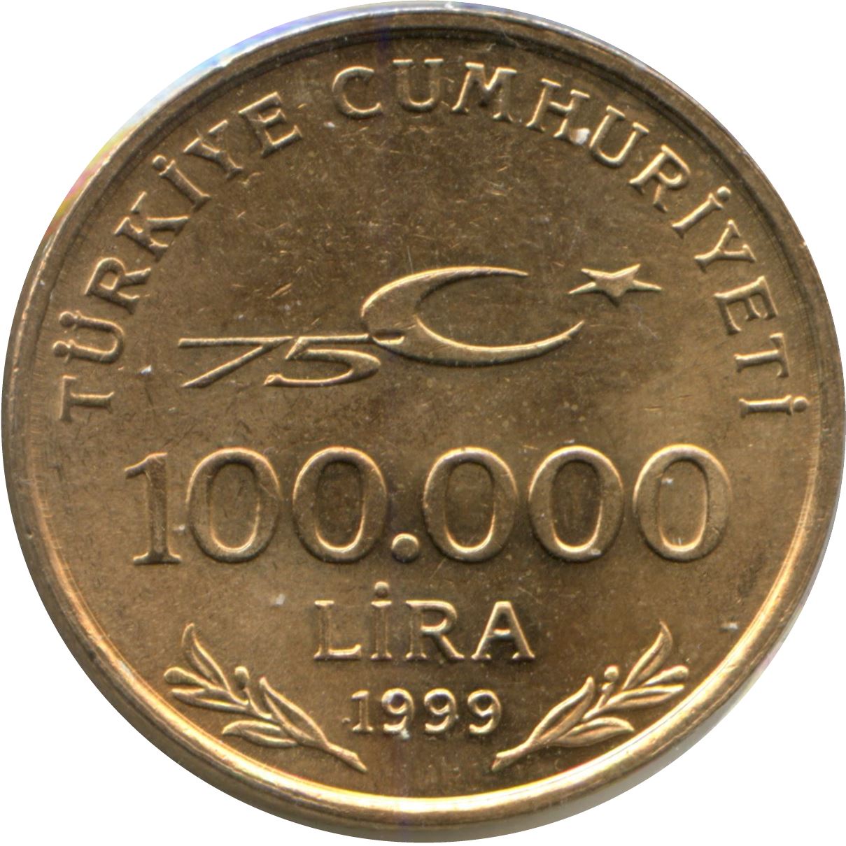 Tyrkiet | Tyrkisk 100.000 Lira Mønt | Republikens Jubilæum | Måne Stjerne | KM1079 | 1999 - 2000