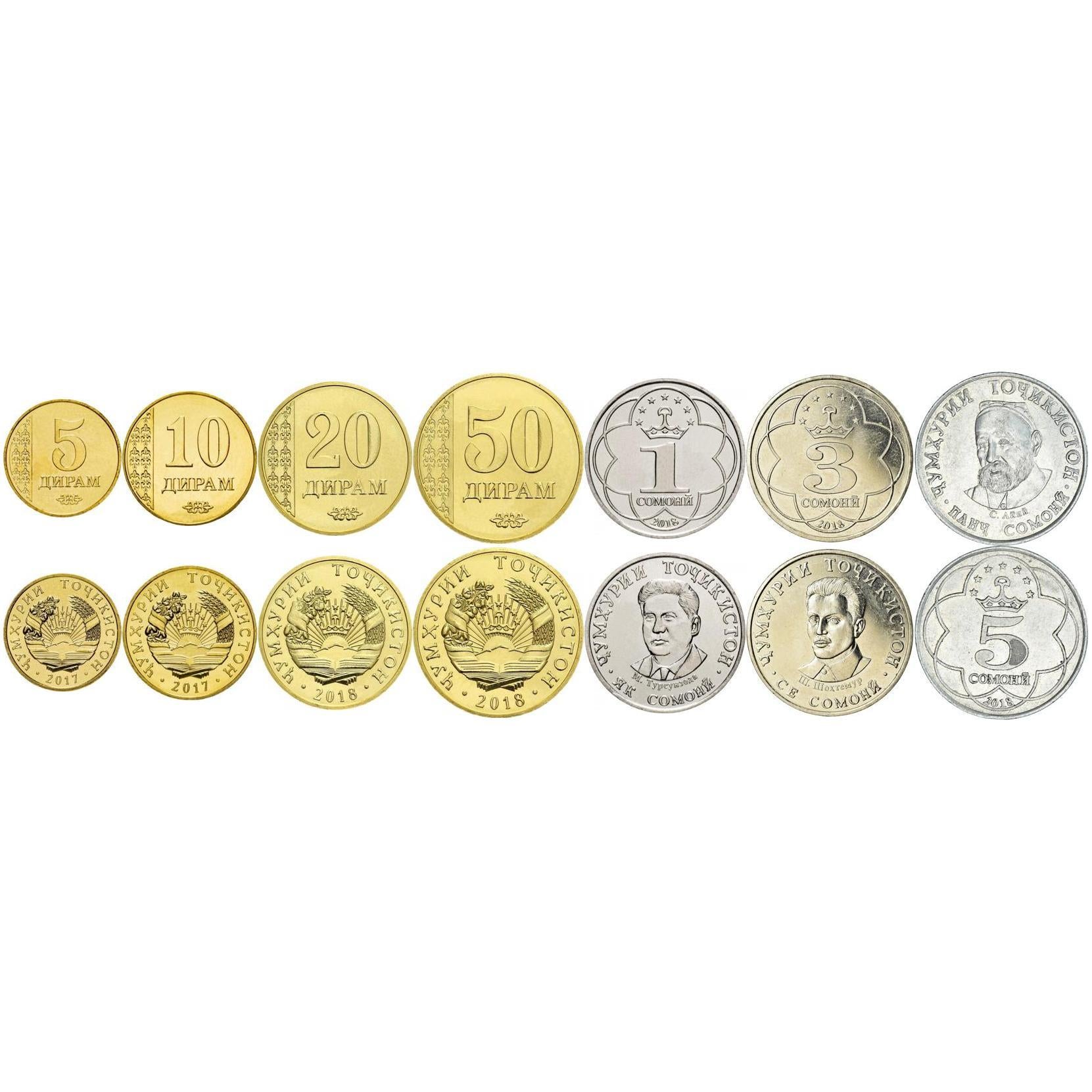 Tajikistan | 7 Coin Set | 5 10 20 50 Diram 1 3 5 Somoni | 2017 - 2018