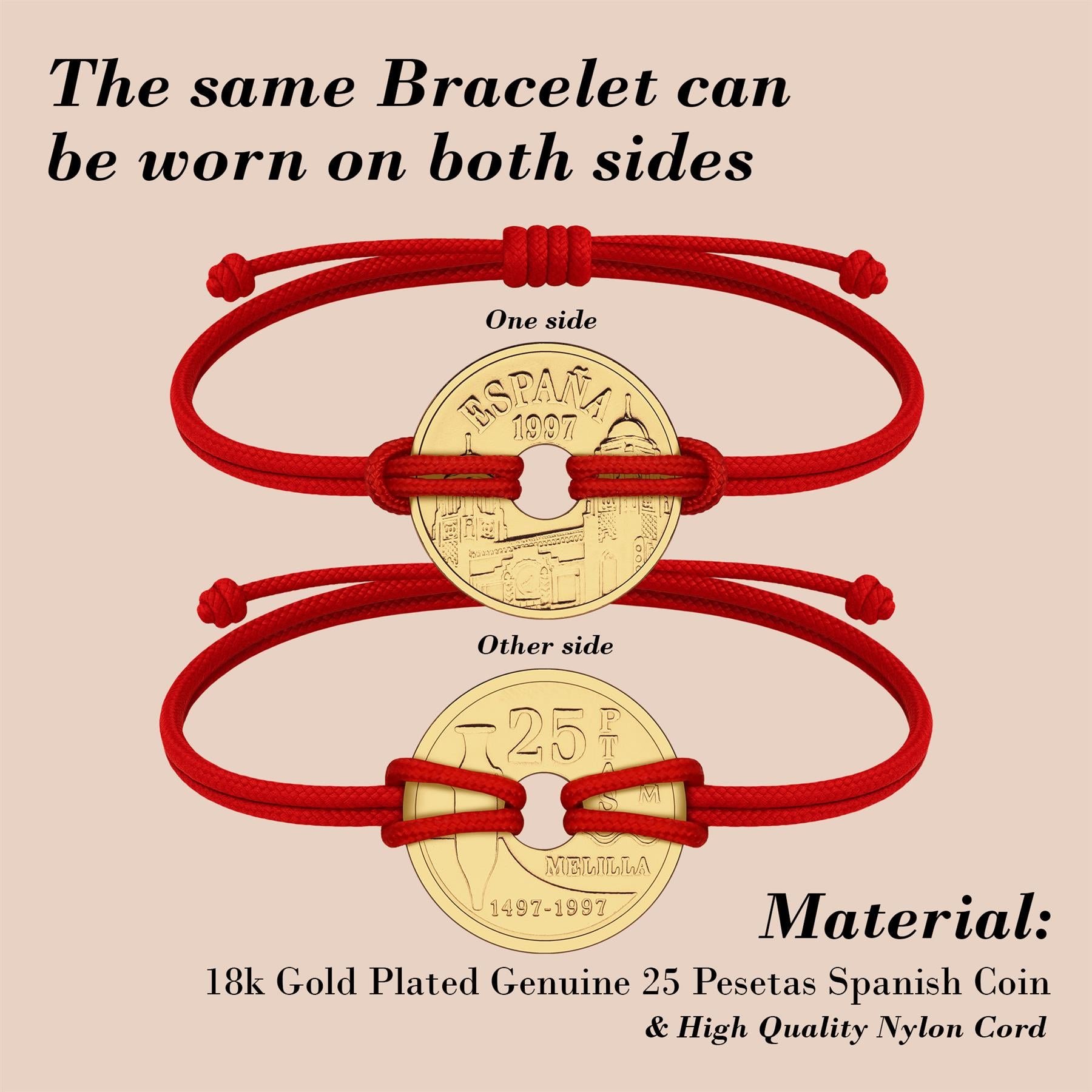 Good Luck Coin Bracelet | Red String Thread Wristband | Spanish 25 Pesetas 1997 | 18k Gold Plated Fortune Wealth & Protection