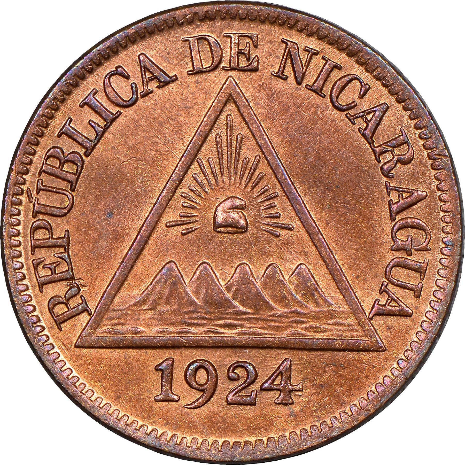 Nicaragua | 1/2 Centavo Coin | Volcanos | Sun Rays | Cap | Km:10 | 1912 - 1937