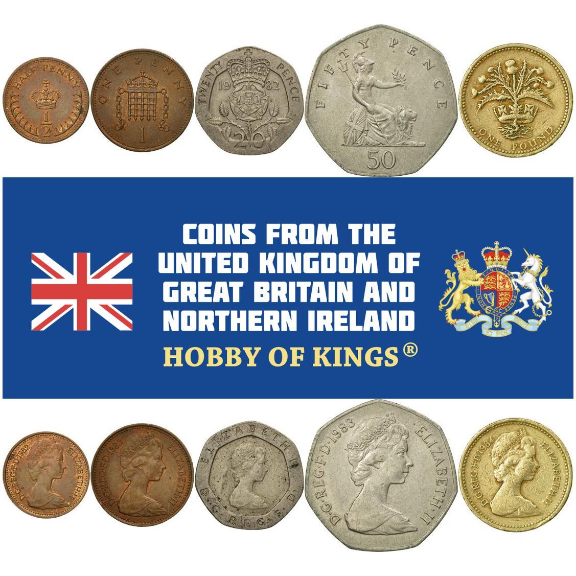 United Kingdom | 5 Coin Set | 1/2 1 Penny 20 50 Pence 1 Pound | 1982 - 1984