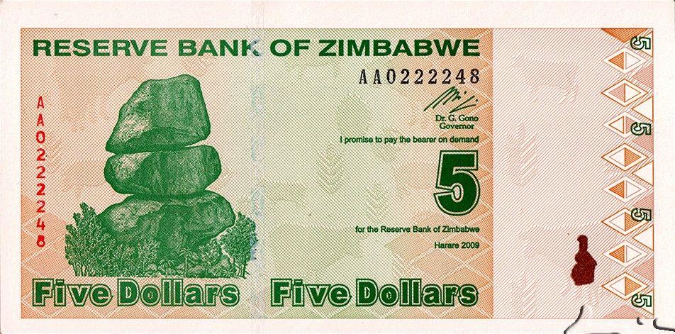 Zimbabwe | 5 Dollars Banknote | 2009 | Chiremba Balancing Rocks | Zimbabwe Bird | Tigerfish | Kariba Dam