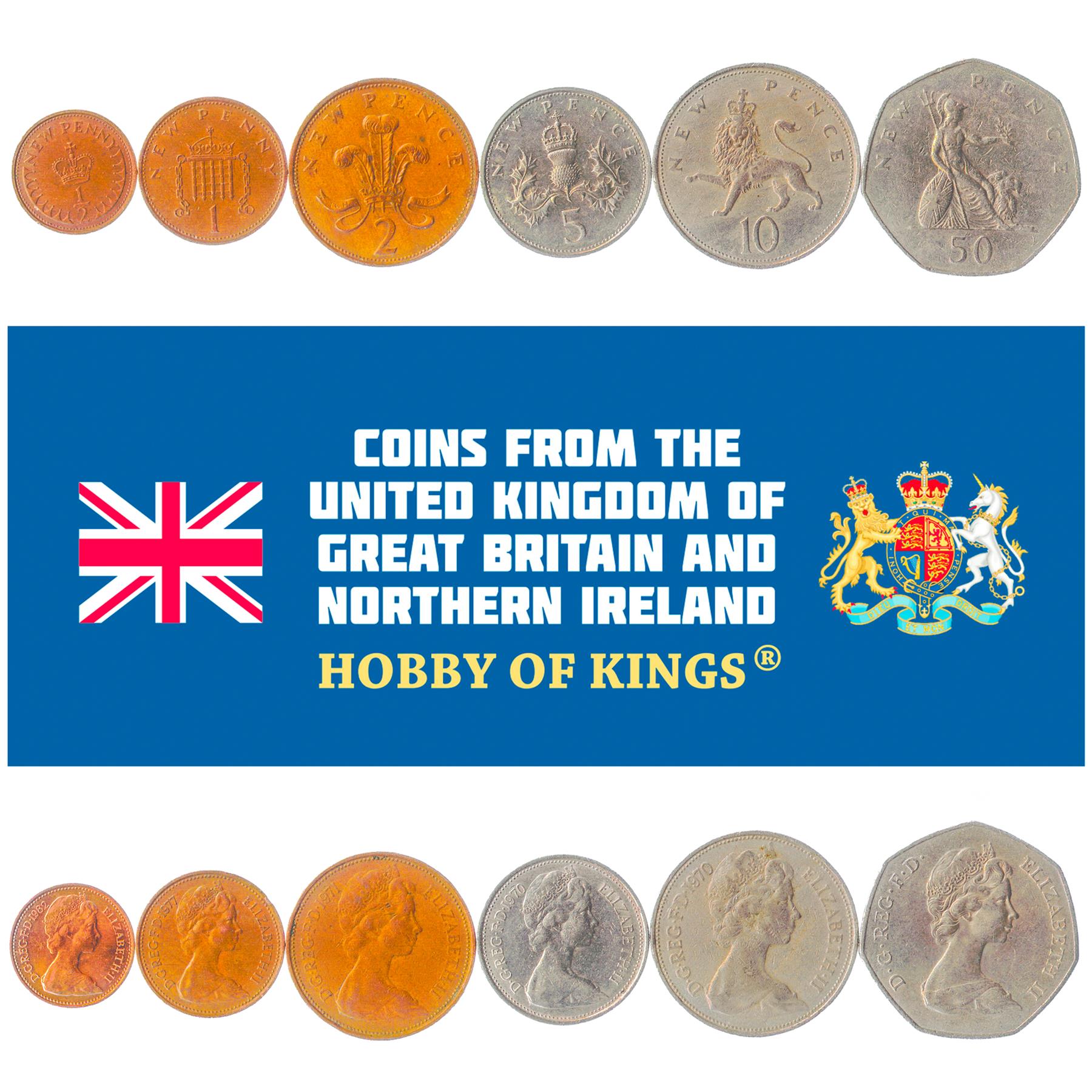United Kingdom | 6 Coin Set | 1/2 New 1 New Penny 2 New 5 New 10 New 50 New Pence | 1968 - 1981