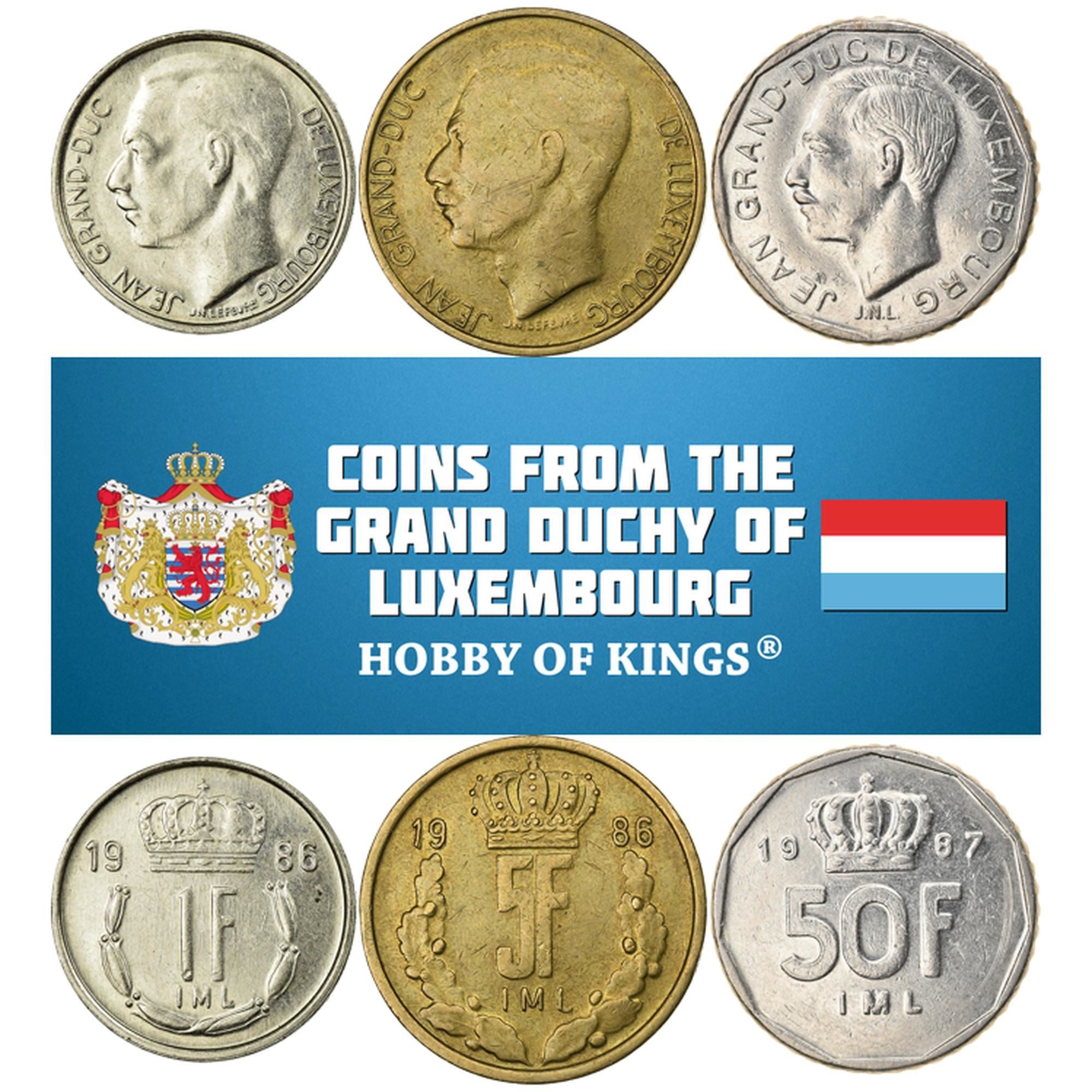 Luxembourg | Lot de 3 pièces | 1 franc, 5 francs, 50 francs | Couronne végétale, couronne, monarque | 1986-1989 | Cupronickel, bronze d’aluminium-nickel, nickel
