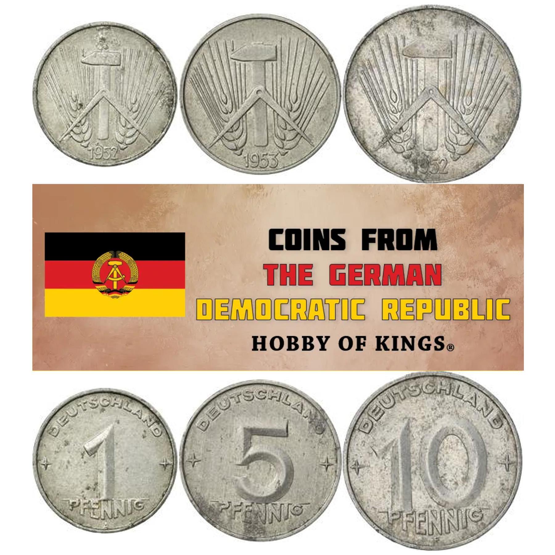 German Democratic Republic | 3 Coin Set | 1 5 10 Pfennig | 1952 - 1953