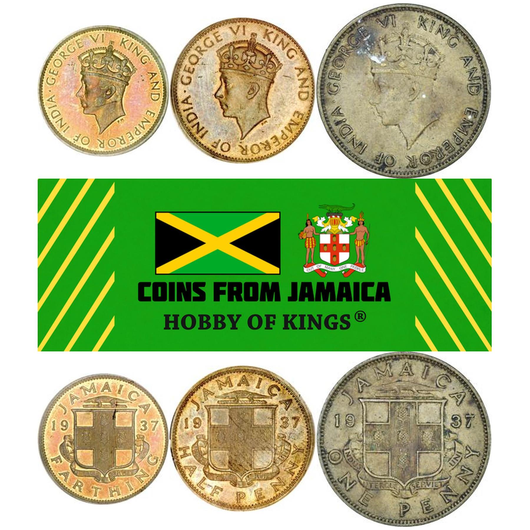Jamaica | 3 Coin Set | 1 Farthing 1/2 1 Penny | King George VI | 1937