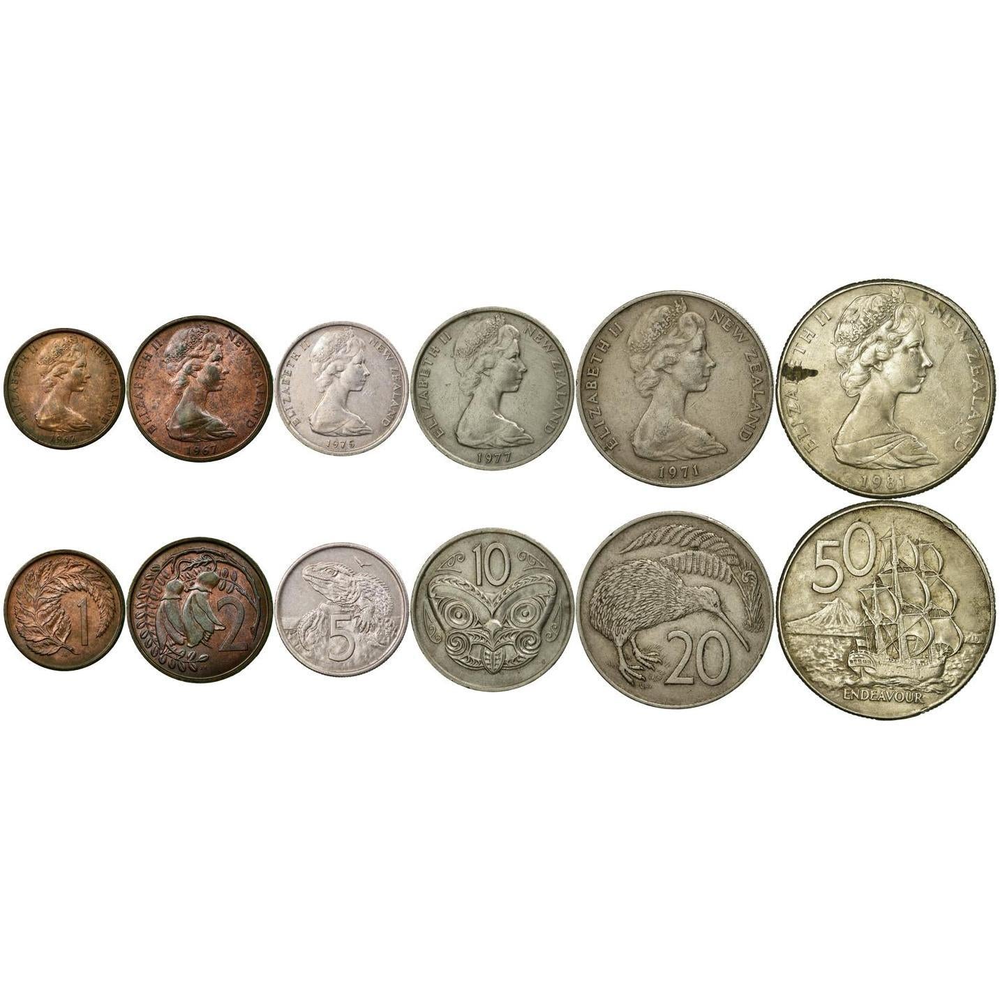 New Zealand 6 Coin Set 1 Cent 2 5 10 20 50 Cents | Elizabeth Ii | A Tuatara | Kiwi | Fern Leaf | Kowhai | Endeavour | New Zealand | 1967 - 1985