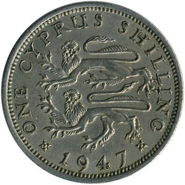 Cyprus 1 Shilling Coin | King George V | Heraldic Lions | KM27 | 1947