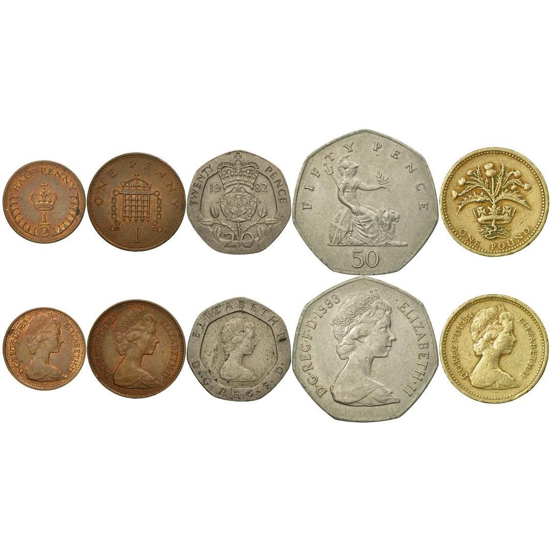 United Kingdom | 5 Coin Set | 1/2 1 Penny 20 50 Pence 1 Pound | 1982 - 1984