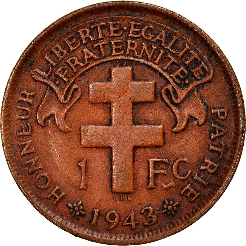 French Cameroon | 1 Franc Coin | Rooster | Lorraine Cross | Km:5 | 1943